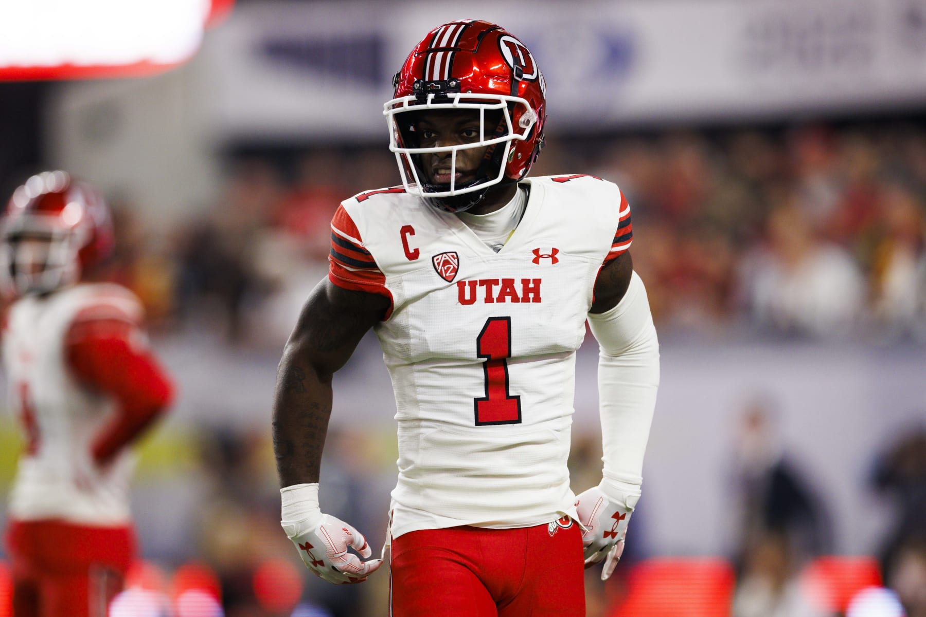LAS VEGAS, NV - DECEMBER 02: Utah Utes cornerback Clark Phillips III (1) defends during the Pac-12 Championship football game between Utah Utes and USC Trojans on December 2, 2022 at Allegiant Stadium in Las Vegas, NV. (Photo by Ric Tapia/Icon Sportswire via Getty Images)