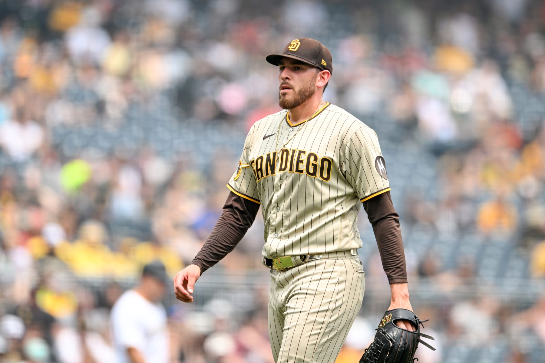 PITTSBURGH, PENNSYLVANIA - JUNE 29, 2023: Joe Musgrove #44 of the San Diego Padres walks off the field after the second inning against the Pittsburgh Pirates at PNC Park on June 29, 2023 in Pittsburgh, Pennsylvania. (Photo by Nick Cammett/Diamond Images via Getty Images)