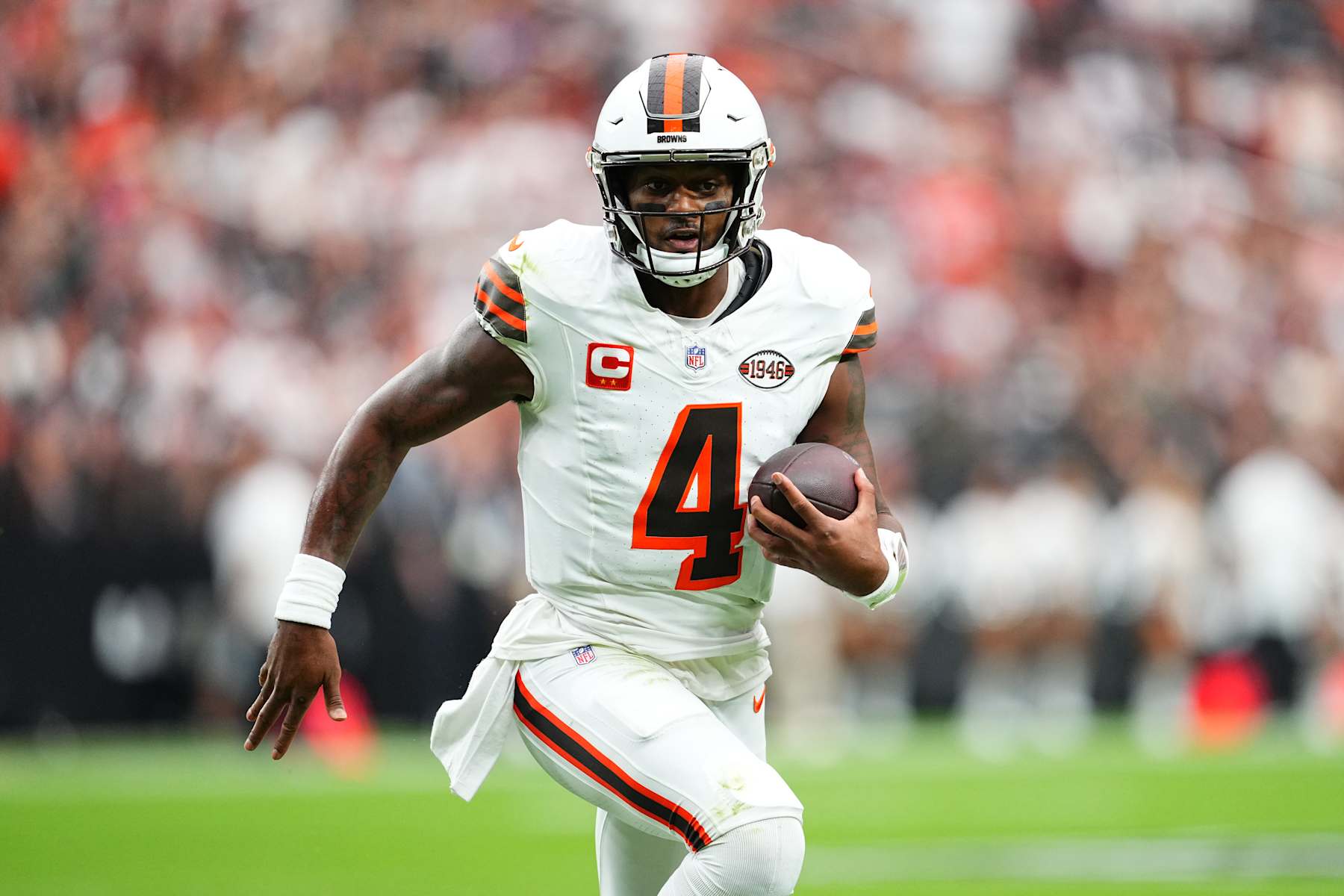 LAS VEGAS, NEVADA - SEPTEMBER 29: Quarterback Deshaun Watson #4 of the Cleveland Browns runs the ball during the game against the Las Vegas Raiders at Allegiant Stadium on September 29, 2024 in Las Vegas, Nevada. The Raiders defeated the Browns 20-16.  (Photo by Jeff Bottari/Getty Images)