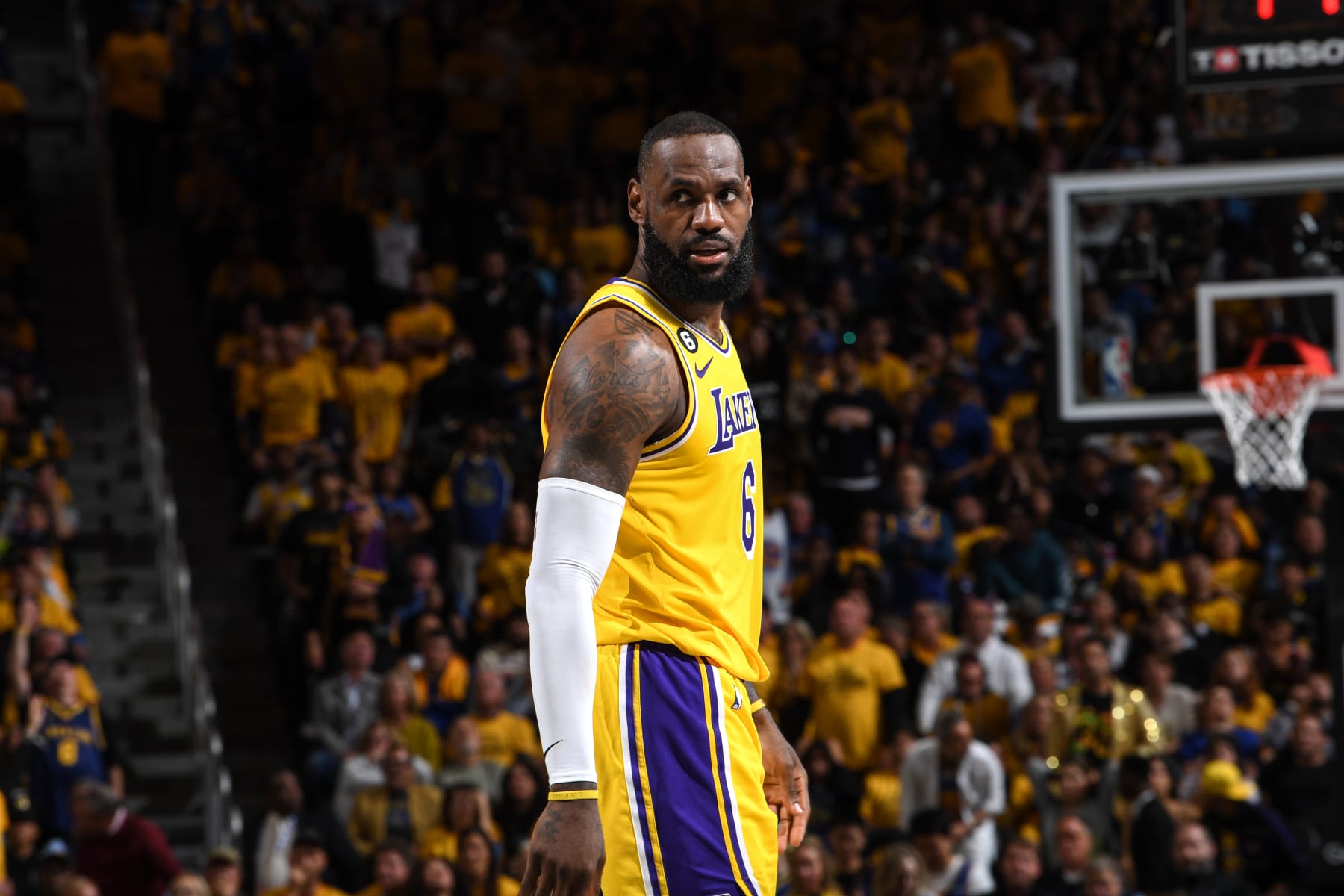 SAN FRANCISCO, CA - MAY 2: LeBron James #6 of the Los Angeles Lakers looks on during Game One of the Western Conference Semi-Finals 2023 NBA Playoffs on May 2, 2023 at Chase Center in San Francisco, California. NOTE TO USER: User expressly acknowledges and agrees that, by downloading and or using this photograph, user is consenting to the terms and conditions of Getty Images License Agreement. Mandatory Copyright Notice: Copyright 2023 NBAE (Photo by Noah Graham/NBAE via Getty Images)