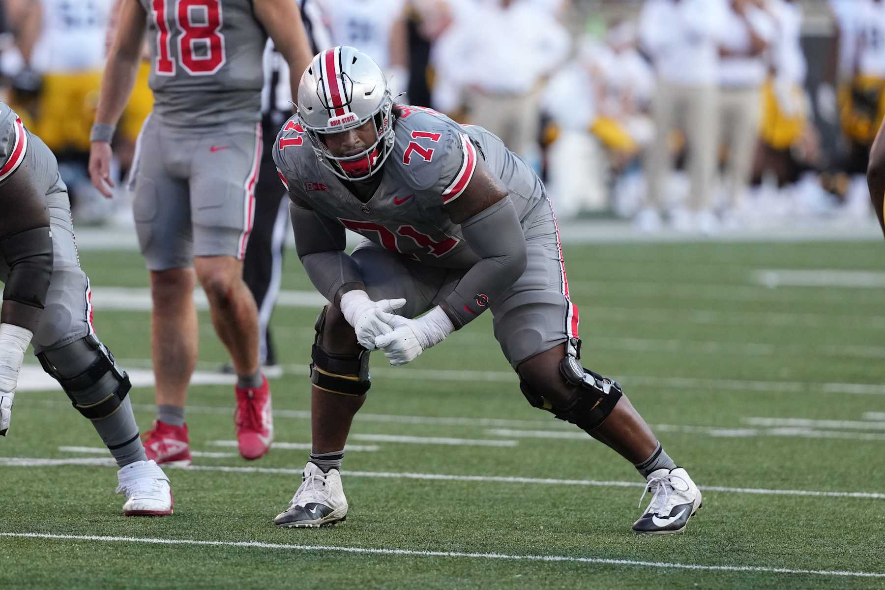 COLUMBUS, OHIO - OCTOBER 05: Offensive lineman Josh Simmons #71 of the Ohio State Buckeyes seen in action during the game against the Iowa Hawkeyes at Ohio Stadium on October 05, 2024 in Columbus, Ohio. (Photo by Jason Mowry/Getty Images)