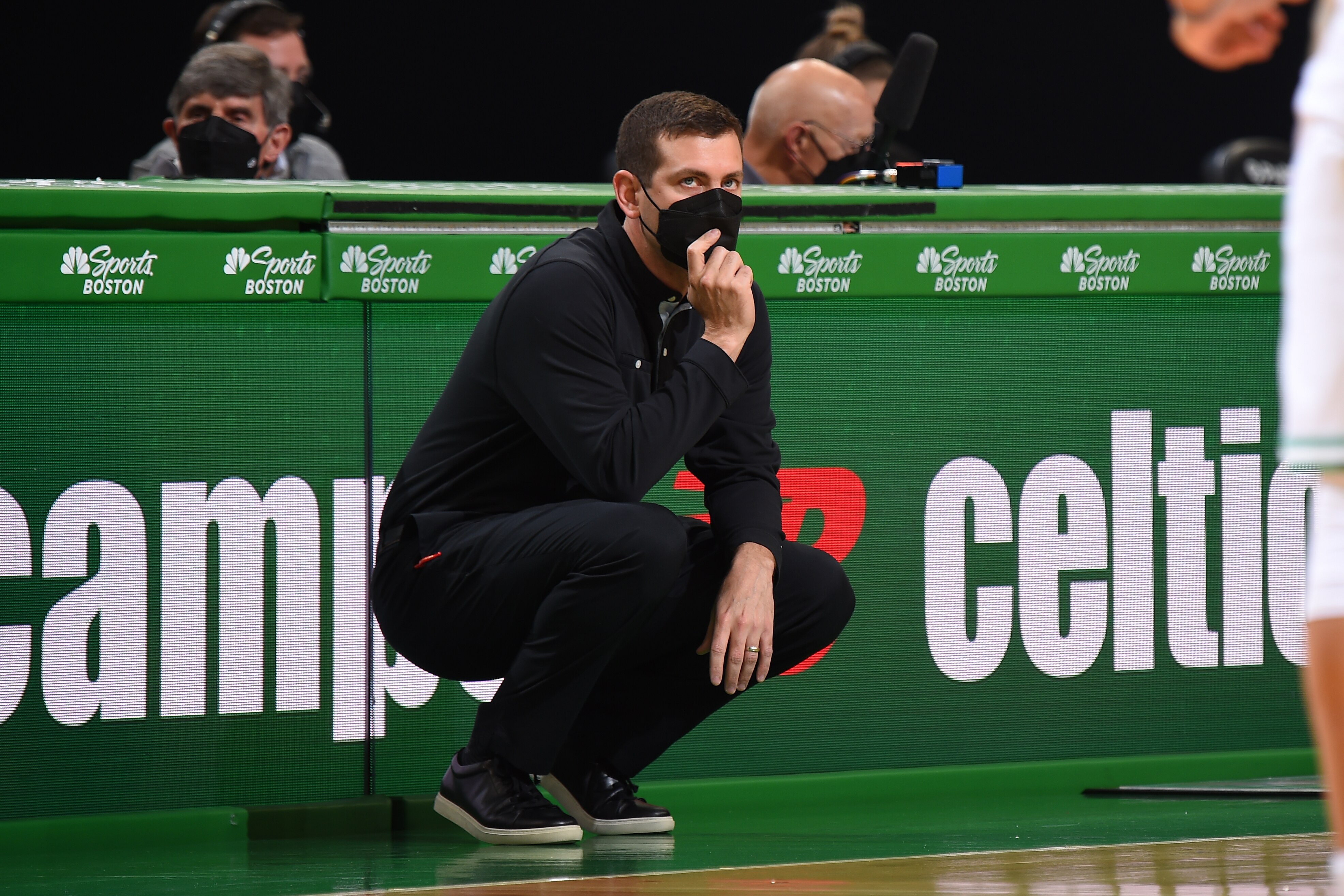 BOSTON, MA - APRIL 30: Head Coach, Brad Stevens of the Boston Celtics looks on during the game against the San Antonio Spurs on April 30 at the TD Garden in Boston, Massachusetts.  NOTE TO USER: User expressly acknowledges and agrees that, by downloading and or using this photograph, User is consenting to the terms and conditions of the Getty Images License Agreement. Mandatory Copyright Notice: Copyright 2021 NBAE  (Photo by Brian Babineau/NBAE via Getty Images)
