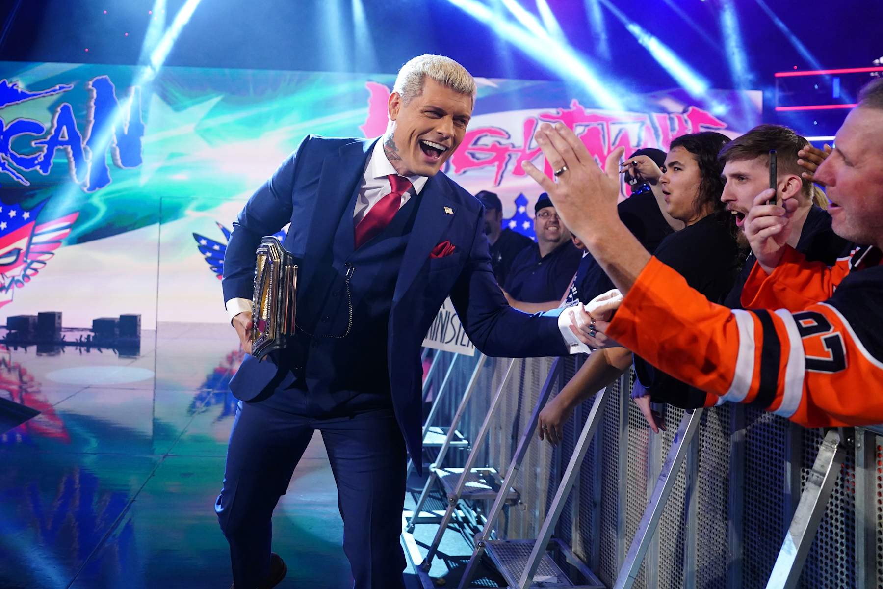 EDMONTON, CANADA - SEPTEMBER 6: WWE Undisputed Universal Champion Cody Rhodes greets fans as he makes his entrance during WWE Friday Night SmackDown at Rogers Place on September 6, 2024 in Edmonton, Canada.  (Photo by WWE/Getty Images)