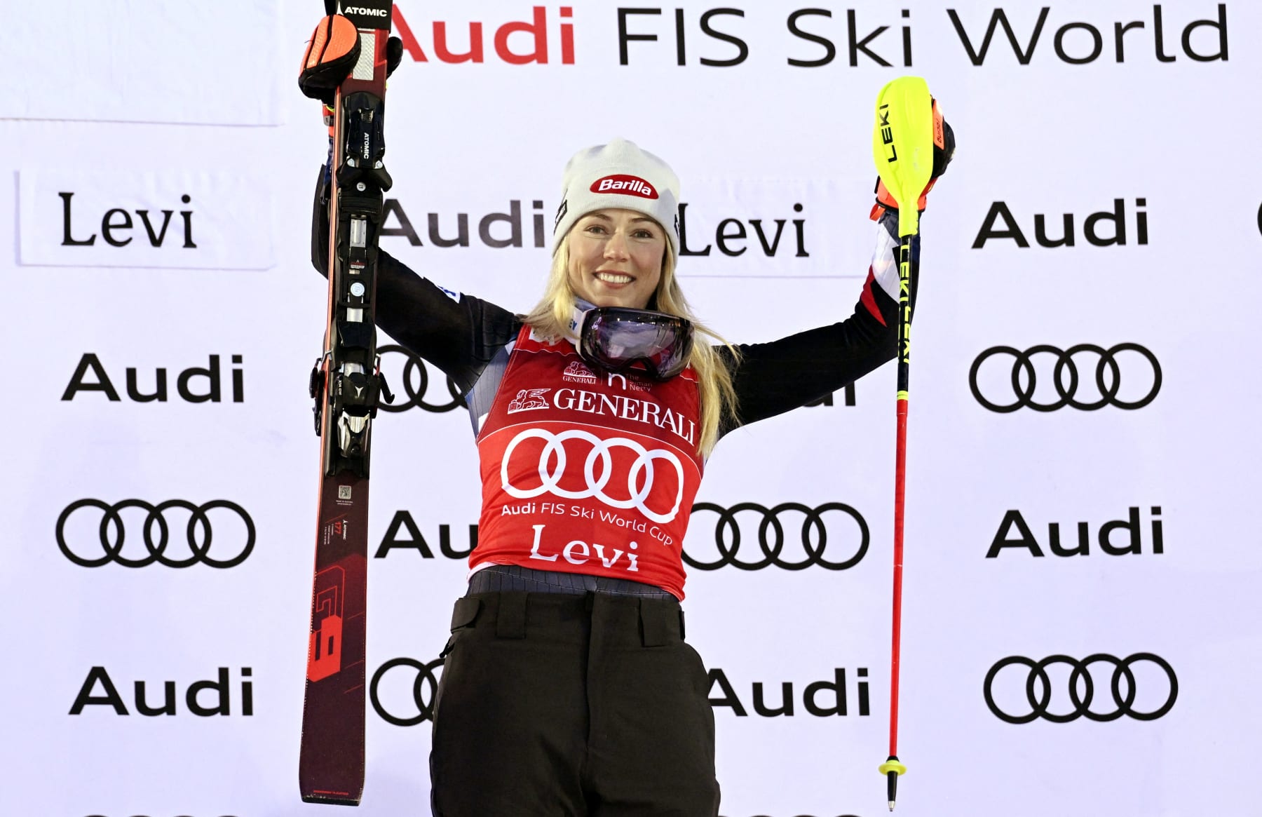 Winner Mikaela Shiffrin of USA celebrates on podium after the women's slalom competition of the FIS Alpine Skiing World Cup in Kittilae, Finland, on November 12,2023. (Photo by Vesa Moilanen / Lehtikuva / AFP) / Finland OUT (Photo by VESA MOILANEN/Lehtikuva/AFP via Getty Images)