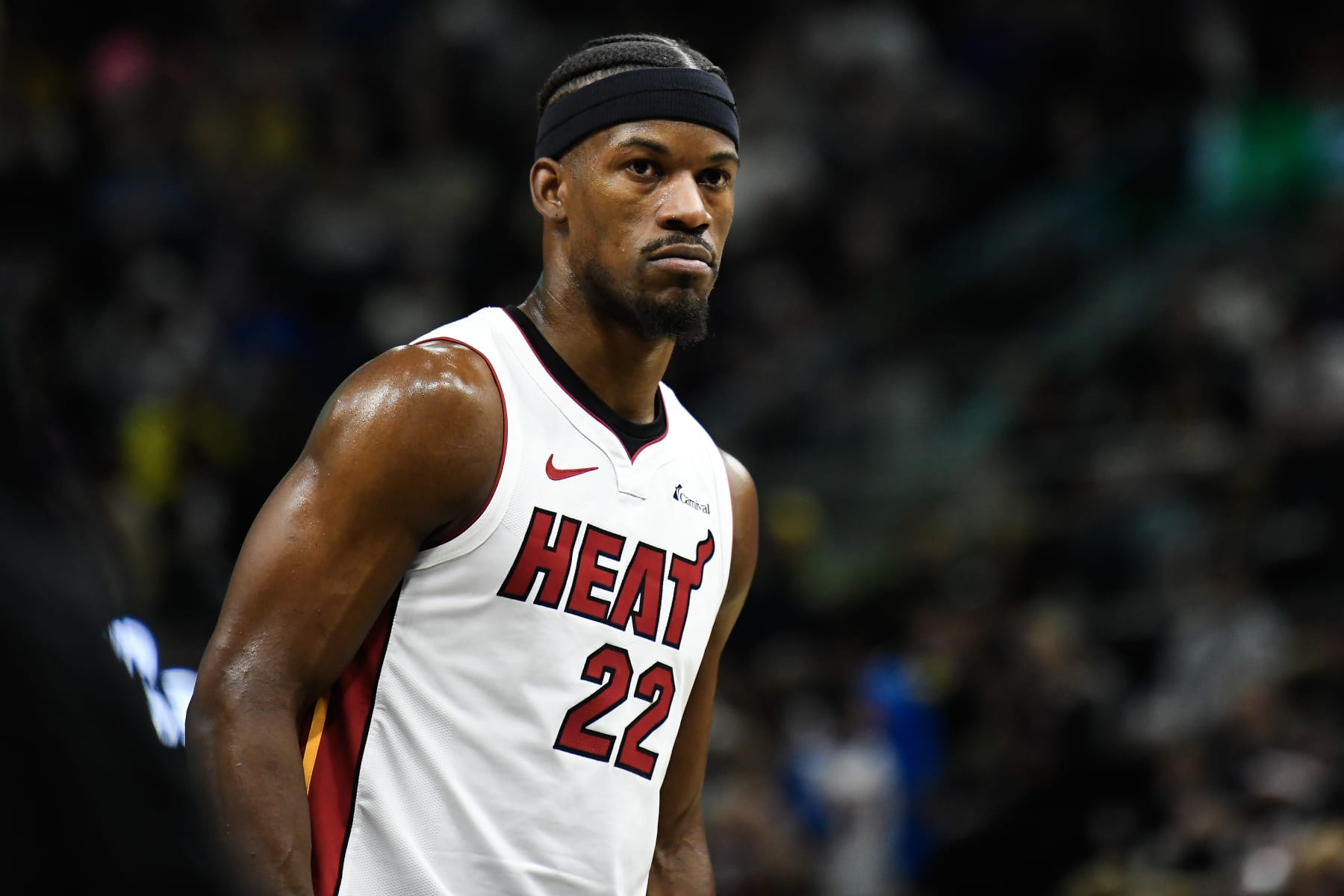 SALT LAKE CITY, UTAH - DECEMBER 30: Jimmy Butler #22 of the Miami Heat looks on during the second half of a game against the Utah Jazz at Delta Center on December 30, 2023 in Salt Lake City, Utah. NOTE TO USER: User expressly acknowledges and agrees that, by downloading and or using this photograph, User is consenting to the terms and conditions of the Getty Images License Agreement. (Photo by Alex Goodlett/Getty Images)