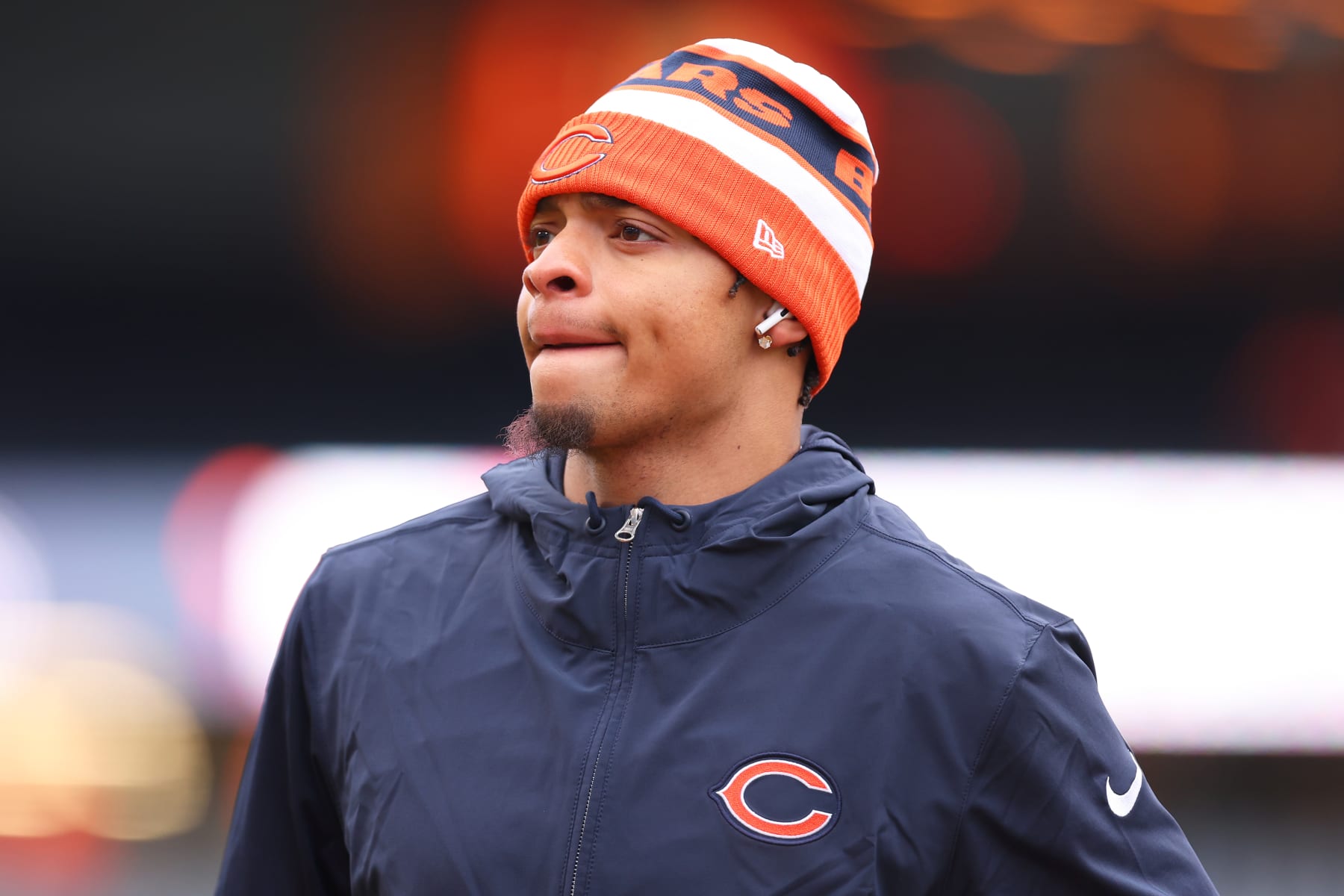 CHICAGO, ILLINOIS - DECEMBER 10: Justin Fields #1 of the Chicago Bears looks on prior to a game against the Detroit Lions at Soldier Field on December 10, 2023 in Chicago, Illinois. (Photo by Michael Reaves/Getty Images)