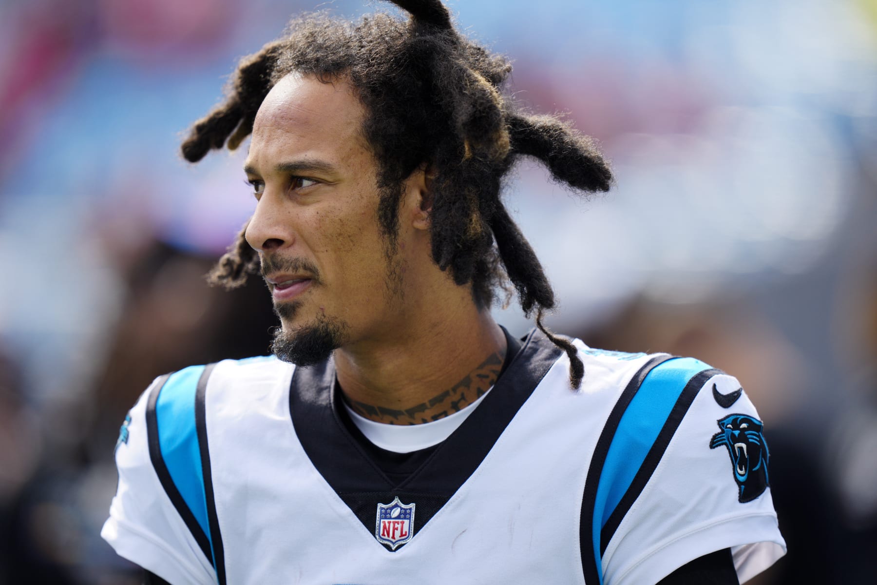 Carolina Panthers wide receiver Robbie Anderson watches during warm ups before an NFL football game against the San Francisco 49ers on Sunday, Oct. 9, 2022, in Charlotte, N.C. (AP Photo/Jacob Kupferman)