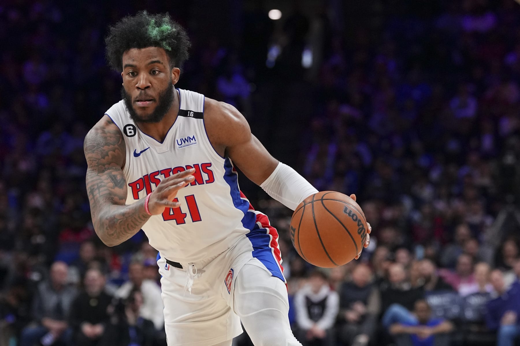 PHILADELPHIA, PA - JANUARY 10: Saddiq Bey #41 of the Detroit Pistons dribbles the ball against the Philadelphia 76ers at the Wells Fargo Center on January 10, 2023 in Philadelphia, Pennsylvania. NOTE TO USER: User expressly acknowledges and agrees that, by downloading and or using this photograph, User is consenting to the terms and conditions of the Getty Images License Agreement. (Photo by Mitchell Leff/Getty Images)