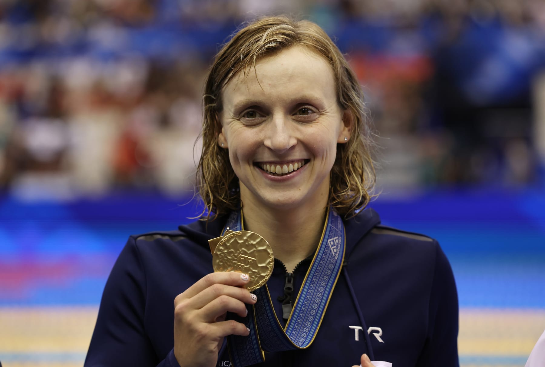 FUKUOKA, JAPAN - JULY 25: Katie Ledecky of United States is seen with her Gold medal after victory in the Women's 1500m Freestyle final on day three of the Fukuoka 2023 World Aquatics Championships at Marine Messe Fukuoka Hall A on July 25, 2023 in Fukuoka, Japan. (Photo by Ian MacNicol/Getty Images)