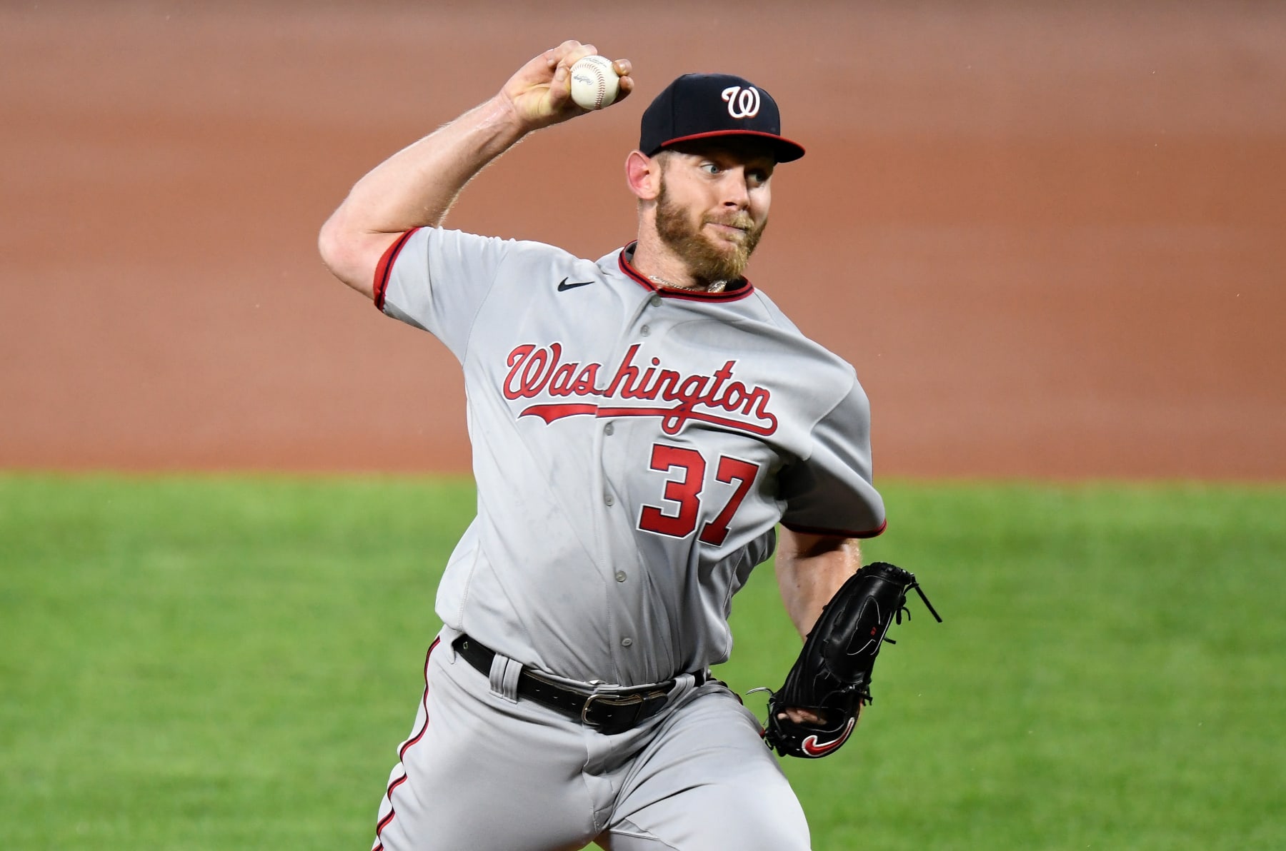 BALTIMORE, MD - AUGUST 14:  Stephen Strasburg #37 of the Washington Nationals pitches in the first inning against the Baltimore Orioles at Oriole Park at Camden Yards on August 14, 2020 in Baltimore, Maryland.  (Photo by G Fiume/Getty Images)
