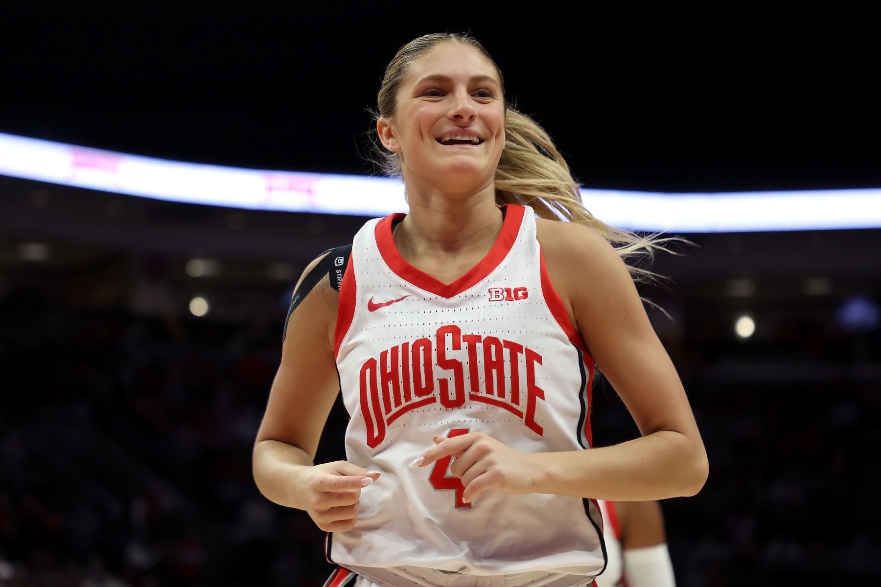 COLUMBUS, OHIO - FEBRUARY 25:  Jacy Sheldon #4 of the Ohio State Buckeyes walks off of the court at half time during the game against the Maryland Terrapins at Value City Arena on February 25, 2024 in Columbus, Ohio. (Photo by Kirk Irwin/Getty Images)
