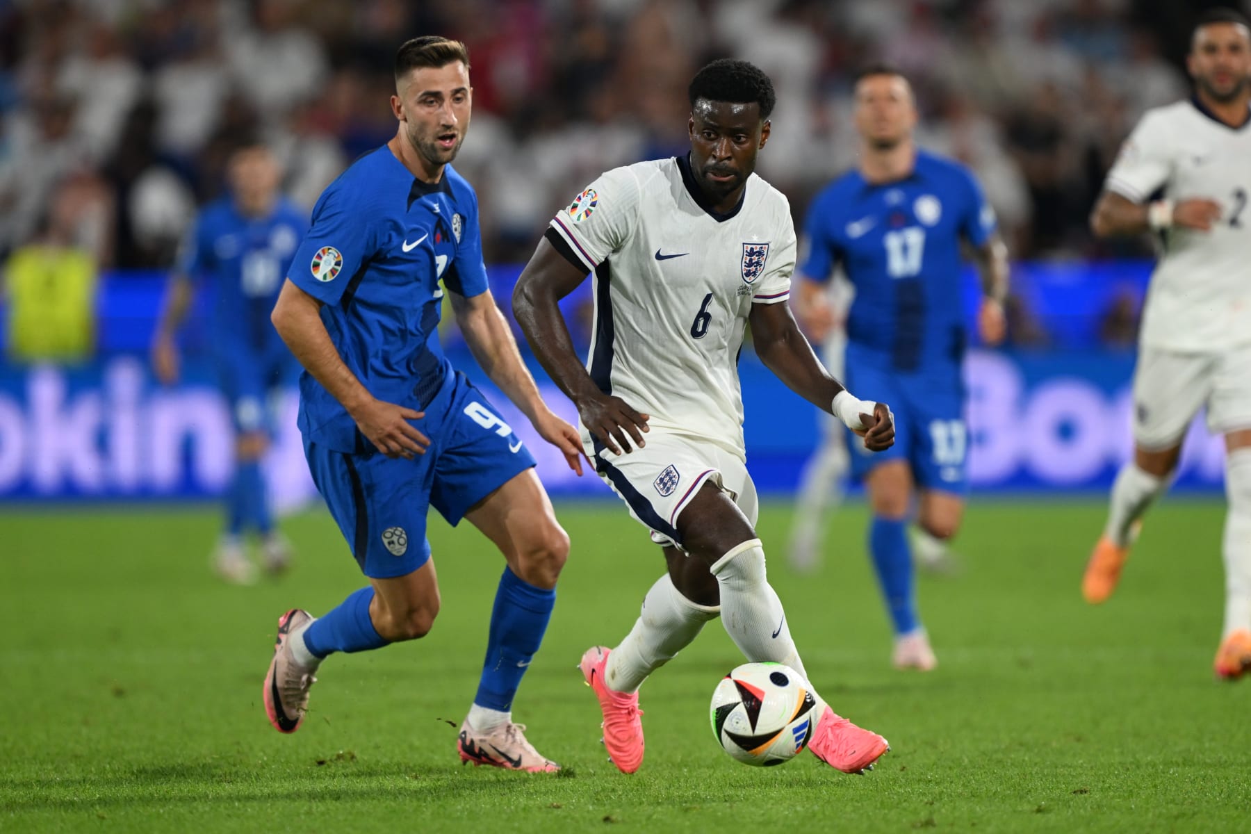 COLOGNE, GERMANY - JUNE 25: Slovenia's Andraz Sporar (9) in action against March Guehi (6) of England during UEFA EURO 2024 Group C match between England and Slovenia at Cologne Stadium in Cologne, Germany on June 25, 2024. (Photo by Gokhan Balci/Anadolu via Getty Images)