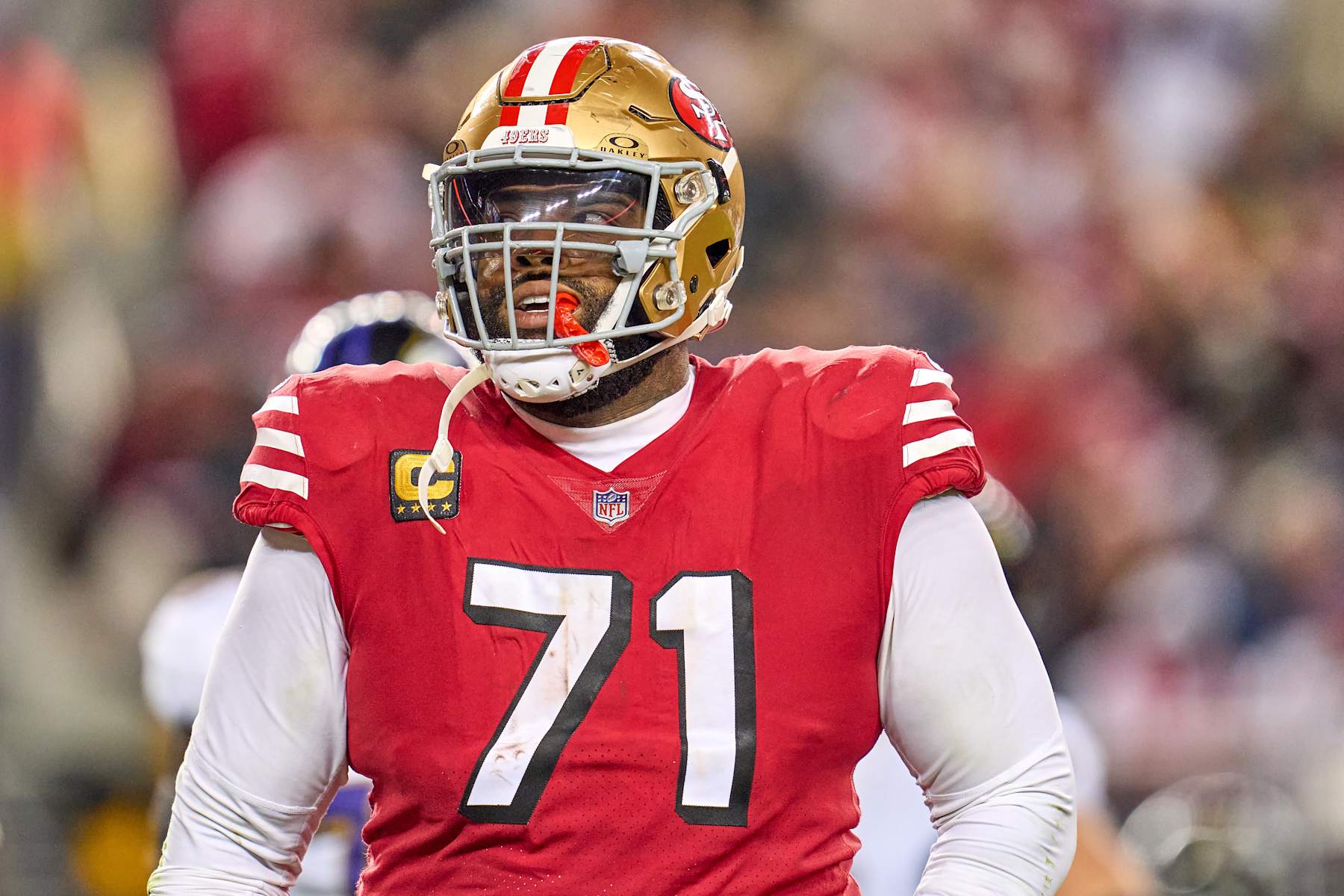 SANTA CLARA, CALIFORNIA - DECEMBER 25: Trent Williams #71 of the San Francisco 49ers looks on in action during a game between the San Francisco 49ers and the Baltimore Ravens at Levi's Stadium on December 25, 2023 in Santa Clara, California. (Photo by Robin Alam/ISI Photos/Getty Images)