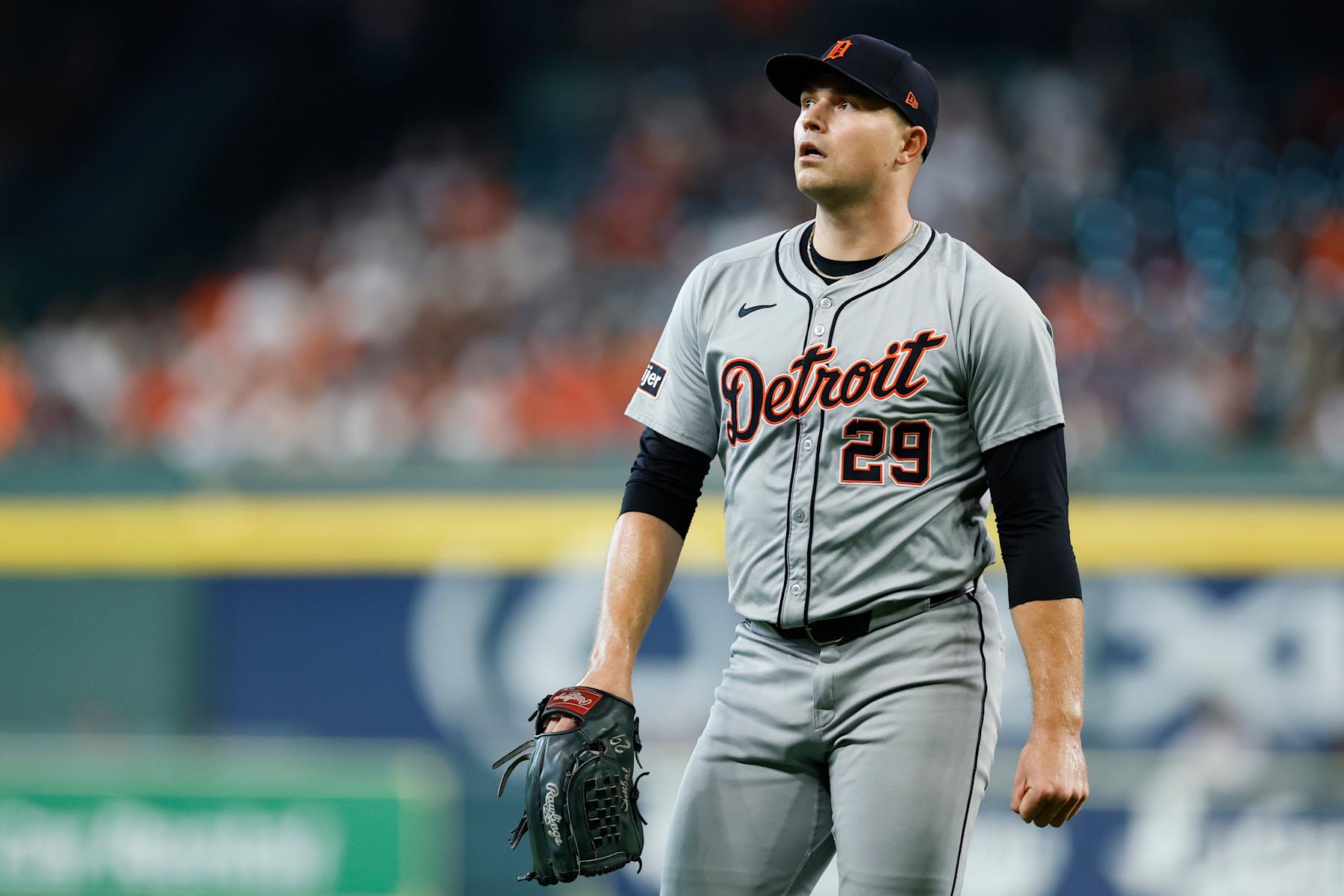 HOUSTON, TEXAS - OCTOBER 01: Tarik Skubal #29 of the Detroit Tigers walks off the field after the second inning against the Houston Astros during Game One of the Wild Card Series at Minute Maid Park on October 01, 2024 in Houston, Texas. (Photo by Tim Warner/Getty Images)