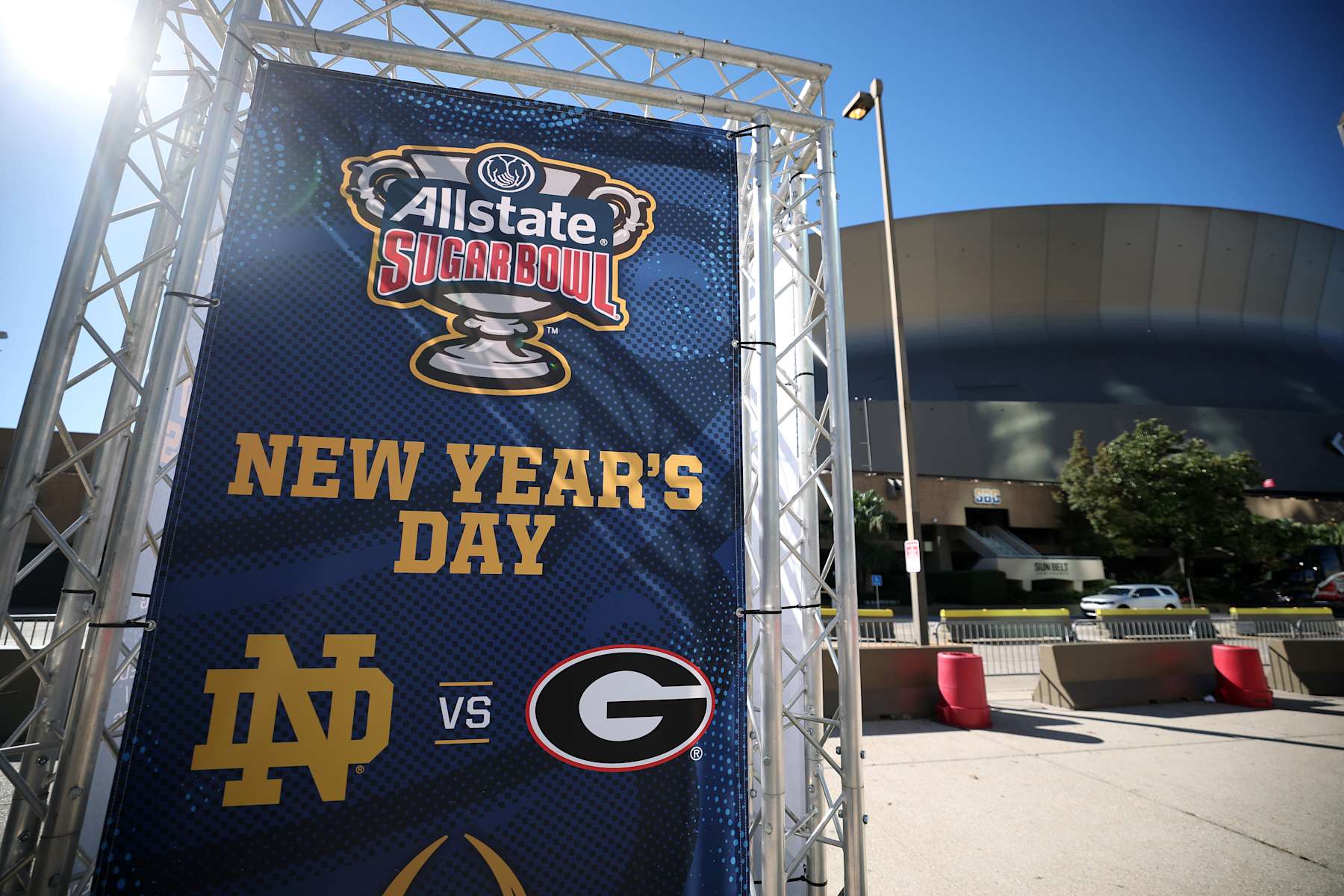 NEW ORLEANS, LOUISIANA - JANUARY 01: A sign for the Allstate Sugar Bowl between Georgia and Notre Dame is seen outside the Louisiana Superdome after at least ten people were killed on Bourbon Street when a person allegedly drove into a crowd in the early morning hours of New Year's Day on January 1, 2025 in New Orleans, Louisiana. Dozens more were injured after a suspect in a rented pickup truck allegedly drove around barricades and through a crowd of New Year's revelers on Bourbon Street. The suspect then got out of the car, opened fire on police officers, and was subsequently killed by law enforcement.   (Photo by Chris Graythen/Getty Images)