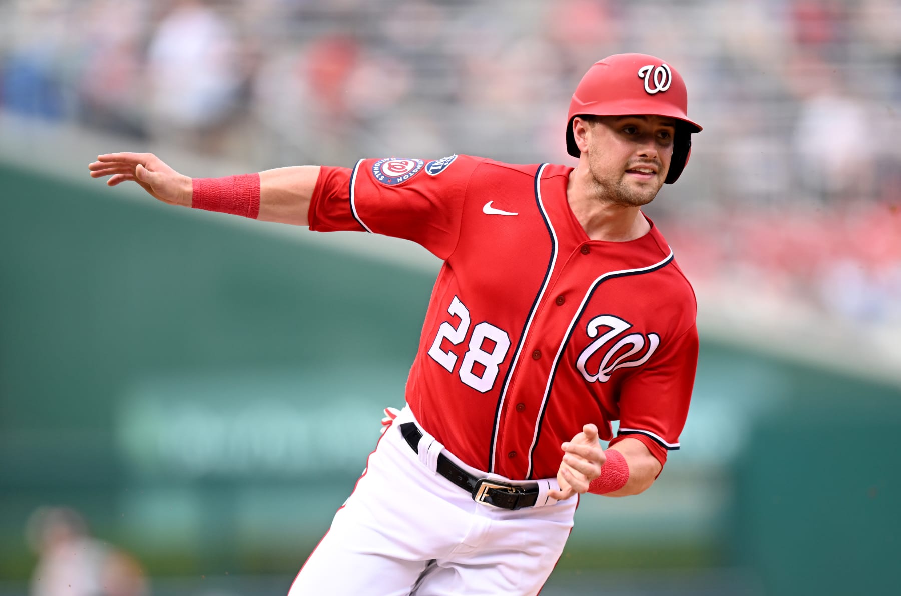 WASHINGTON, DC - JUNE 19: Lane Thomas #28 of the Washington Nationals runs the bases against the St. Louis Cardinals at Nationals Park on June 19, 2023 in Washington, DC. (Photo by G Fiume/Getty Images)