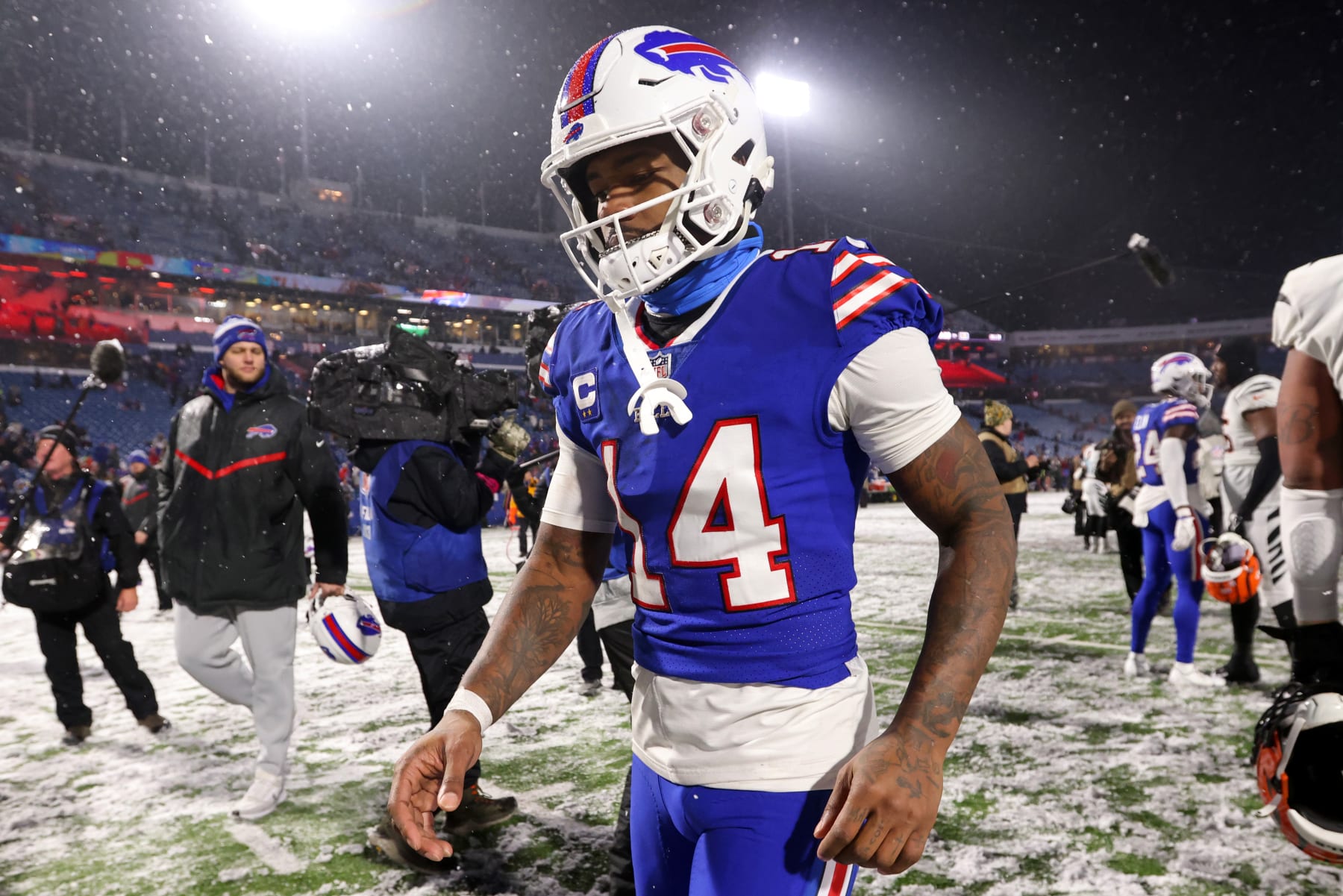 ORCHARD PARK, NEW YORK - JANUARY 22: Stefon Diggs #14 of the Buffalo Bills walks off the field after losing to the Cincinnati Bengals in the AFC Divisional Playoff game at Highmark Stadium on January 22, 2023 in Orchard Park, New York. (Photo by Bryan M. Bennett/Getty Images)