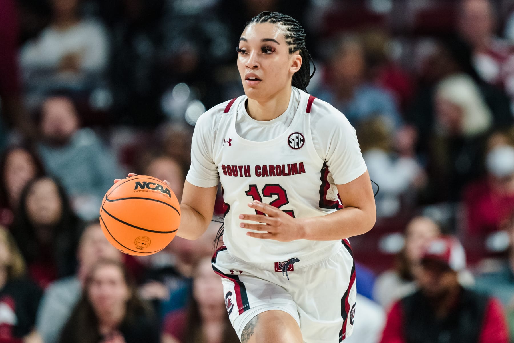 COLUMBIA, SOUTH CAROLINA - FEBRUARY 26: Brea Beal #12 of the South Carolina Gamecocks brings the ball up court against the Georgia Lady Bulldogs during their game at Colonial Life Arena on February 26, 2023 in Columbia, South Carolina. (Photo by Jacob Kupferman/Getty Images)