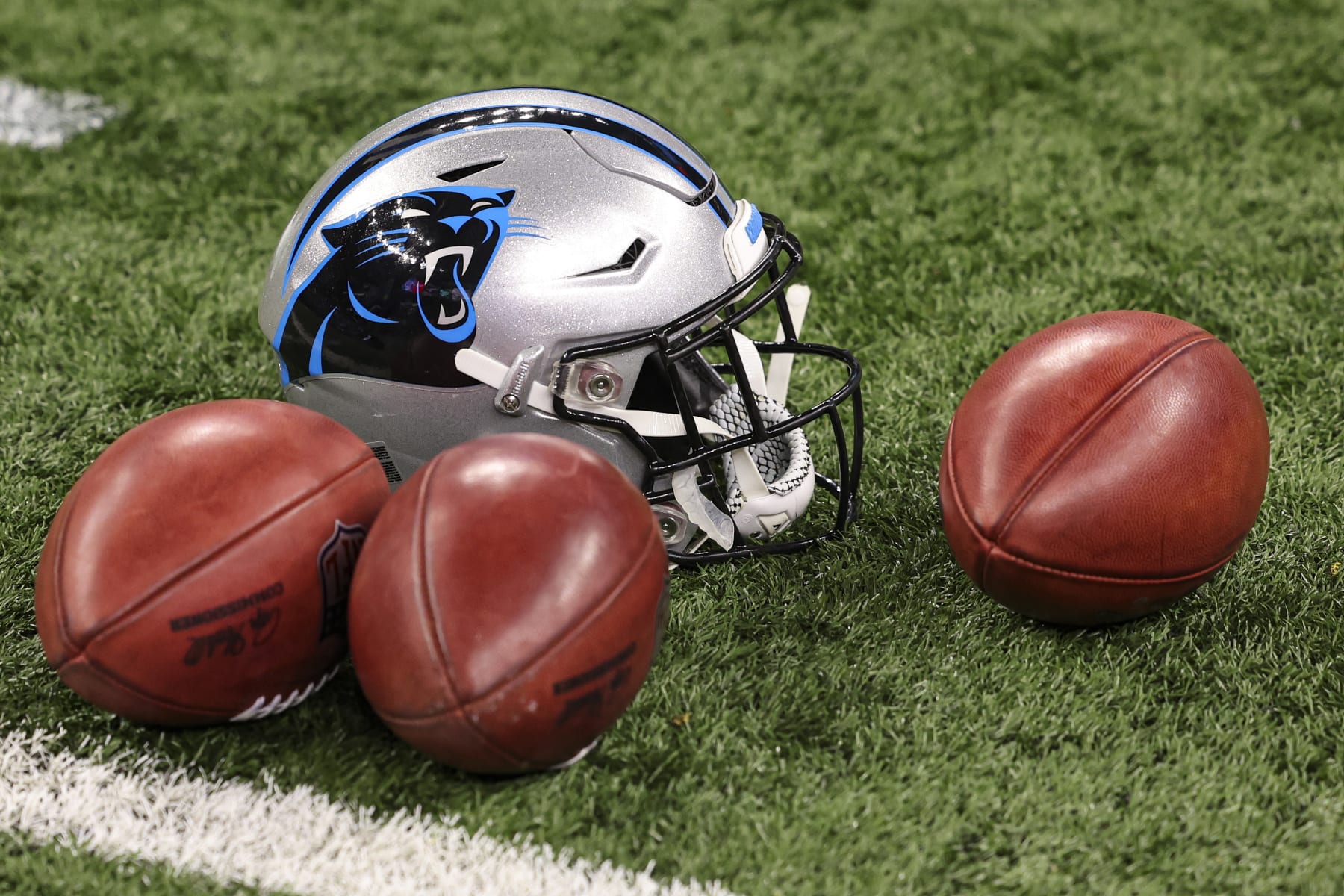 NEW ORLEANS, LA - DECEMBER 10:  Detailed view of a Carolina Panthers helmet prior to an NFL football game between the Carolina Panthers and the New Orleans Saints at Caesars Superdome on December 10, 2023 in New Orleans, LA. (Photo by Perry Knotts/Getty Images)