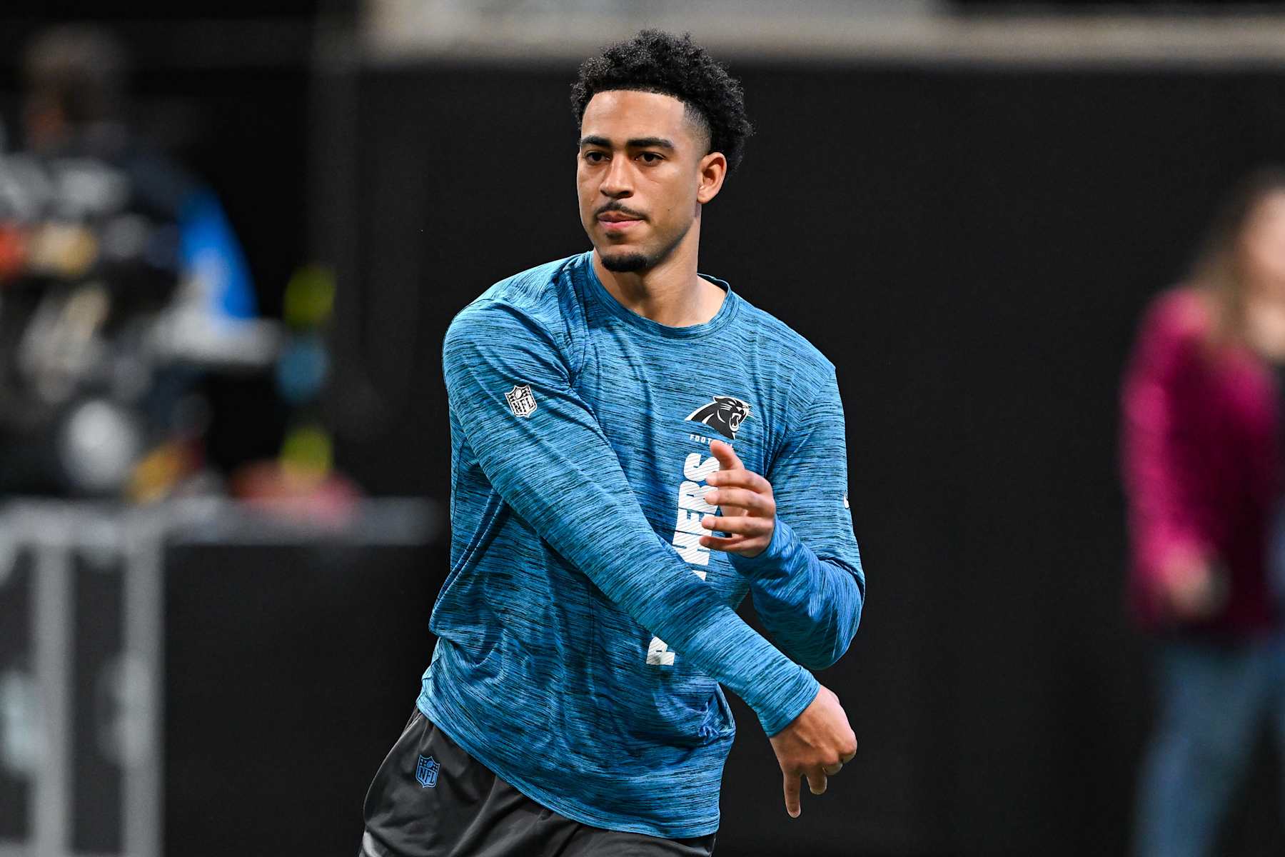 ATLANTA, GA  JANUARY 05:  Carolina quarterback Bryce Young (9) warms up prior to the start of the NFL game between the Carolina Panthers and the Atlanta Falcons on January 5th, 2025 at Mercedes-Benz Stadium in Atlanta, GA.  (Photo by Rich von Biberstein/Icon Sportswire via Getty Images)