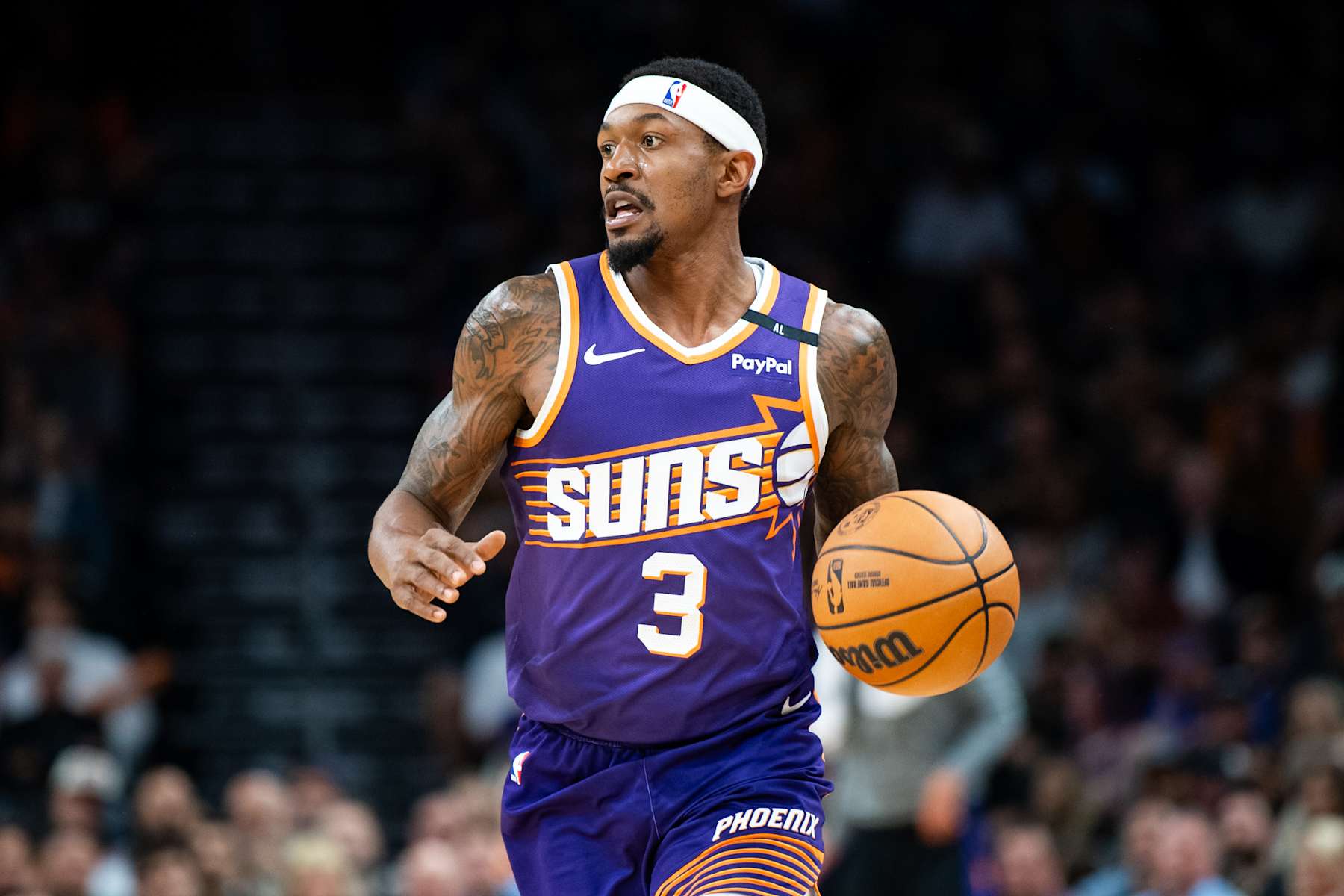 PHOENIX, ARIZONA - NOVEMBER 10: Bradley Beal #3 of the Phoenix Suns handles the ball during the second half of the NBA game against the Sacramento Kings at Footprint Center on November 10, 2024 in Phoenix, Arizona. The Kings defeated the Suns 127-118 in overtime. NOTE TO USER: User expressly acknowledges and agrees that, by downloading and/or using this photograph, user is consenting to the terms and conditions of the Getty Images License Agreement.  (Photo by Kelsey Grant/Getty Images)