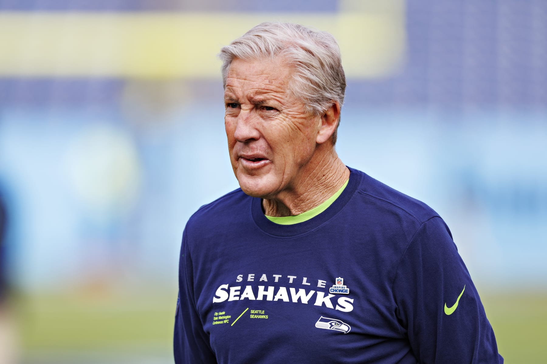 NASHVILLE, TENNESSEE - DECEMBER 24: Head Coach Pete Carroll of the Seattle Seahawks on the field before the game against the Tennessee Titans at Nissan Stadium on December 24, 2023 in Nashville, Tennessee. The Seahawks defeated the Titans 20-17.  (Photo by Wesley Hitt/Getty Images)