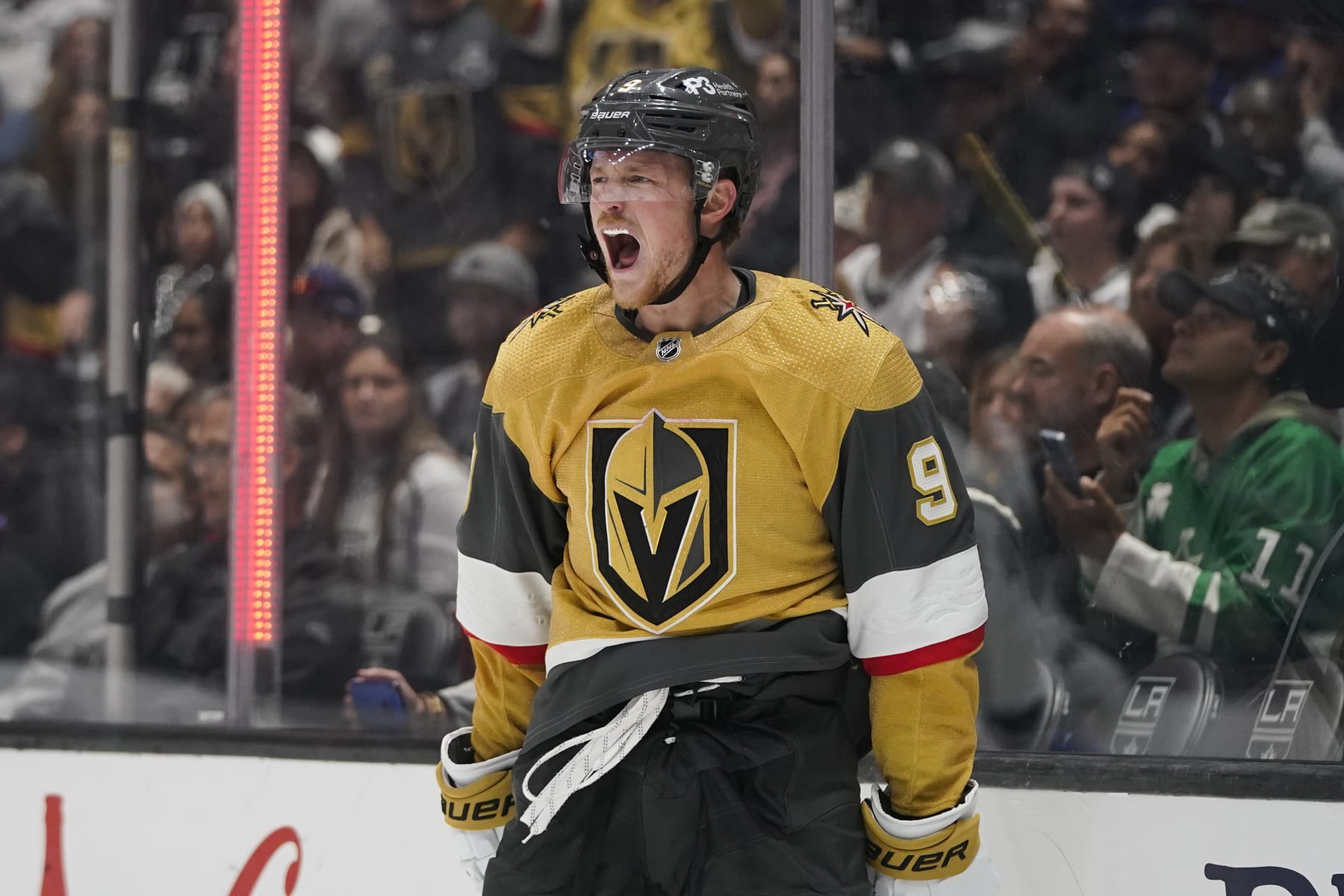 Vegas Golden Knights' Jack Eichel celebrates his goal against the Los Angeles Kings during the third period of an NHL hockey game Tuesday, Oct. 11, 2022, in Los Angeles. The Golden Knights won 4-3. (AP Photo/Jae C. Hong)