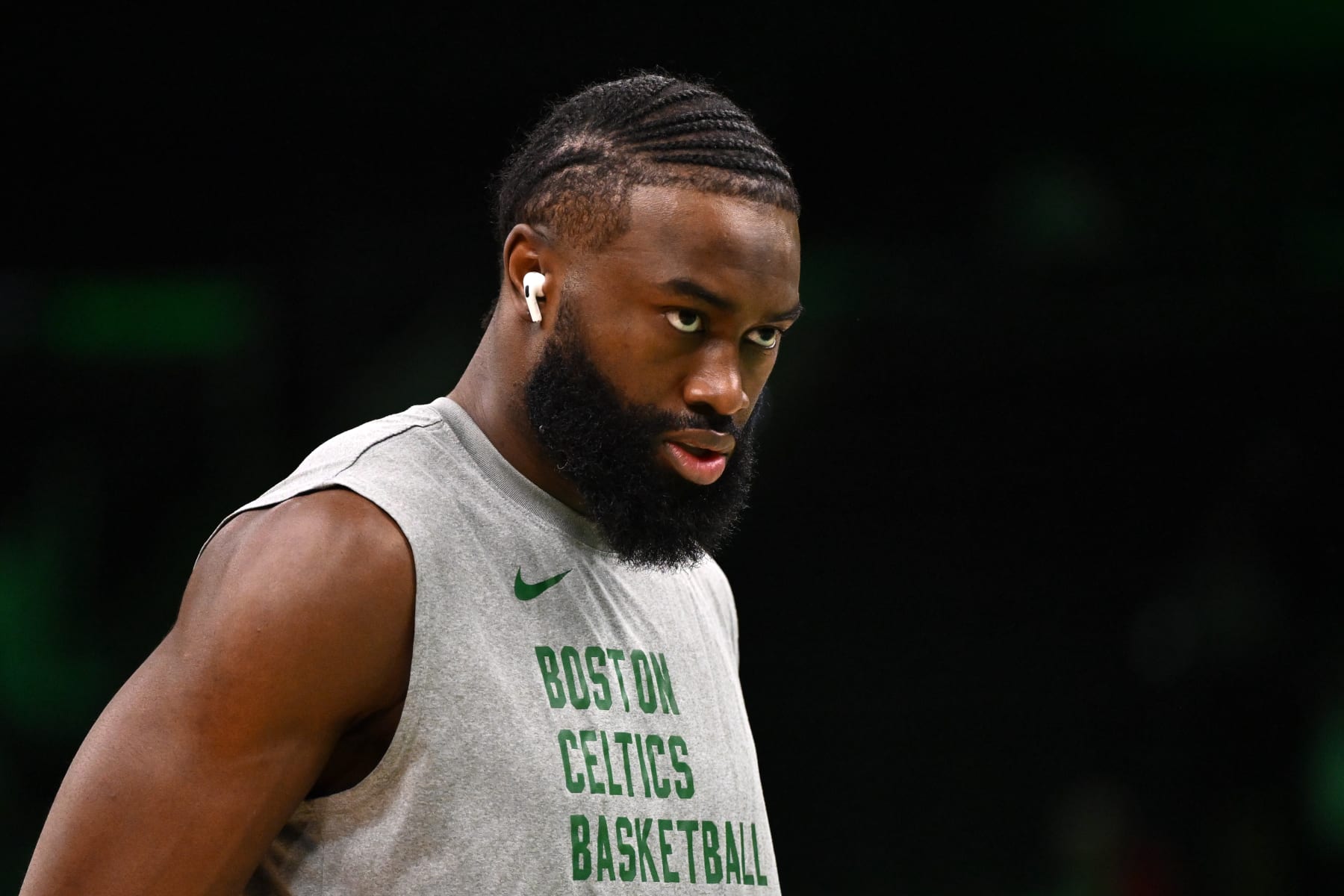 BOSTON, MASSACHUSETTS - JANUARY 27:  Jaylen Brown #7 of the Boston Celtics watches warmups before a game against the LA Clippers at the TD Garden on January 27, 2024 in Boston, Massachusetts. NOTE TO USER: User expressly acknowledges and agrees that, by downloading and or using this photograph, User is consenting to the terms and conditions of the Getty Images License Agreement. (Photo by Brian Fluharty/Getty Images)