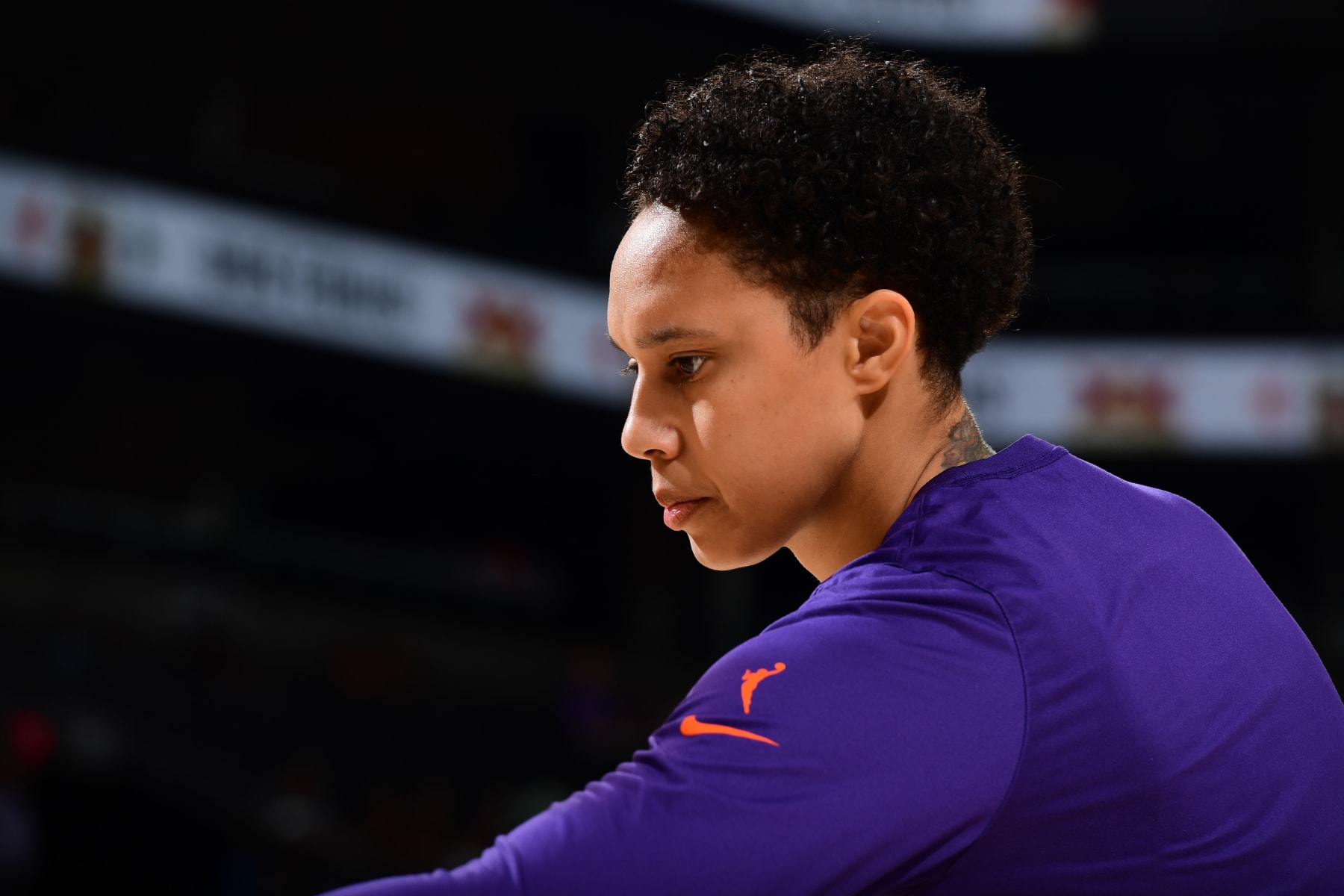 PHOENIX, AZ - SEPTEMBER 5: Brittney Griner #42 of the Phoenix Mercury looks on before the game against the Washington Mystics on September 5, 2023 at Footprint Center in Phoenix, Arizona. NOTE TO USER: User expressly acknowledges and agrees that, by downloading and or using this photograph, user is consenting to the terms and conditions of the Getty Images License Agreement. Mandatory Copyright Notice: Copyright 2023 NBAE (Photo by Kate Frese/NBAE via Getty Images)