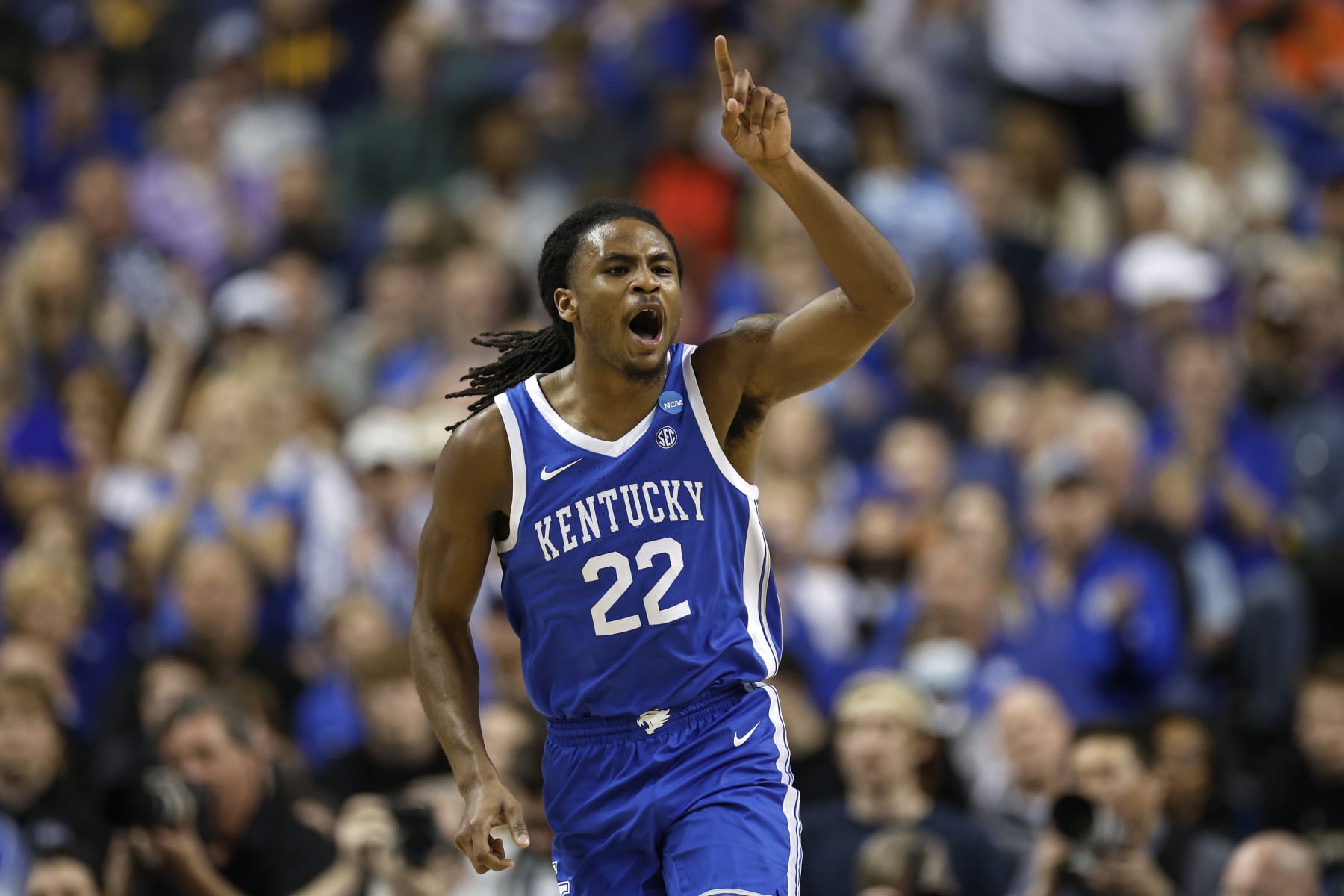 GREENSBORO, NORTH CAROLINA - MARCH 19: Cason Wallace #22 of the Kentucky Wildcats reacts during the second half against the Kansas State Wildcats in the second round of the NCAA Men's Basketball Tournament at The Fieldhouse at Greensboro Coliseum on March 19, 2023 in Greensboro, North Carolina. (Photo by Jared C. Tilton/Getty Images)