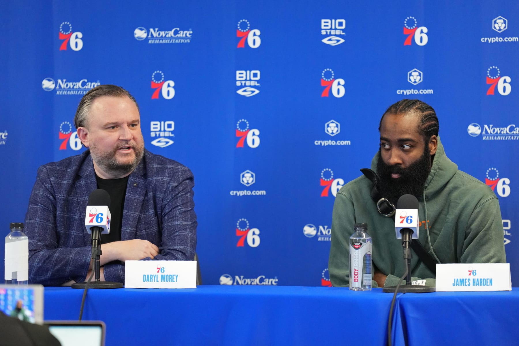 CAMDEN, NJ - FEBRUARY 15: Daryl Morey, President of Basketball Operations and James Harden #1 of the Philadelphia 76ers speak to the media during a press conference on February 15, 2022 at Philadelphia 76ers Training Complex in Camden, New Jersey. NOTE TO USER: User expressly acknowledges and agrees that, by downloading and/or using this Photograph, user is consenting to the terms and conditions of the Getty Images License Agreement. Mandatory Copyright Notice: Copyright 2022 NBAE (Photo by Jesse D. Garrabrant/NBAE via Getty Images)