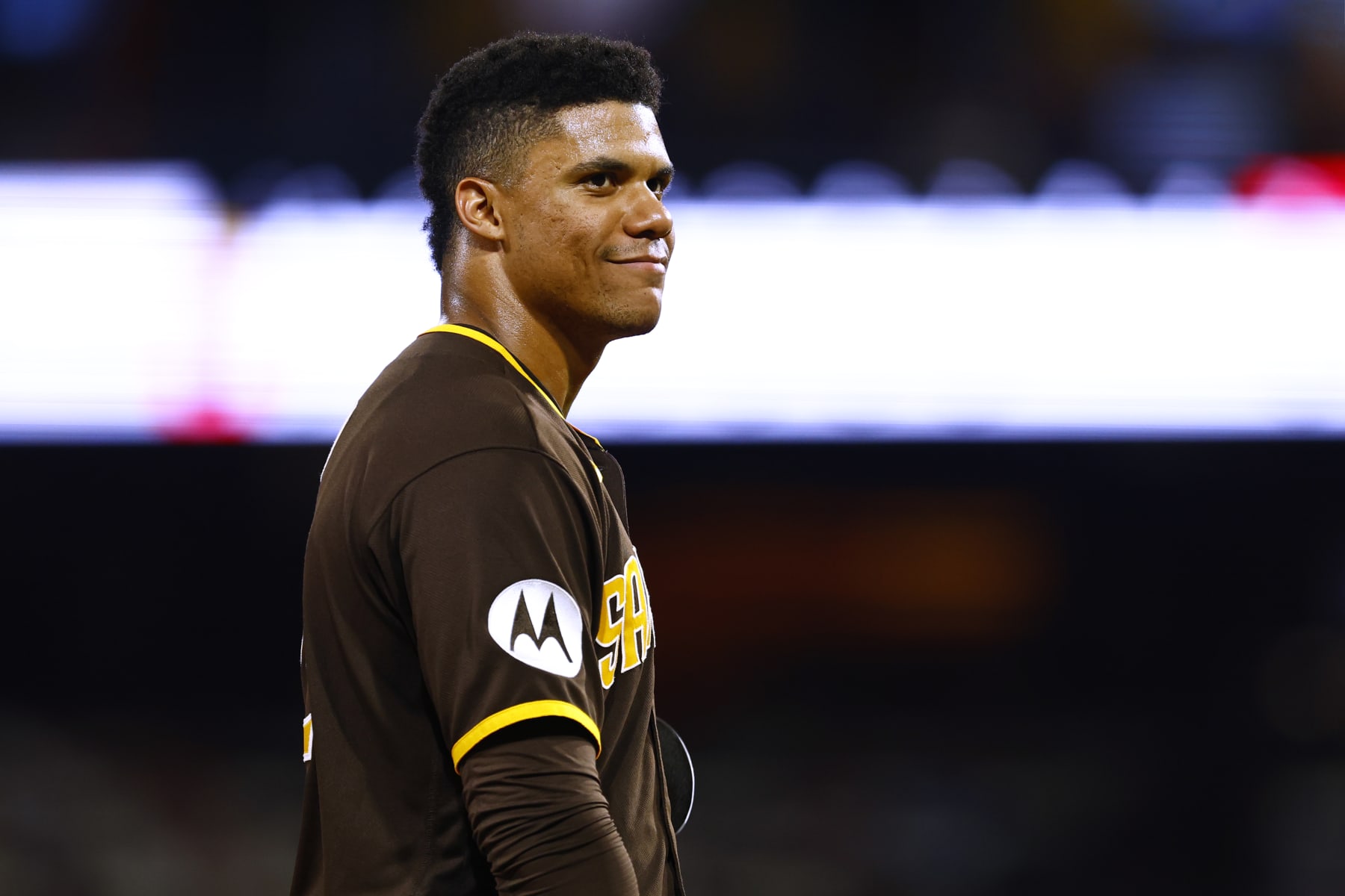 PHILADELPHIA, PENNSYLVANIA - JULY 15: Juan Soto #22 of the San Diego Padres in action against the Philadelphia Phillies during game two of a double header at Citizens Bank Park on July 15, 2023 in Philadelphia, Pennsylvania. The Phillies defeated the Padres 6-4. (Photo by Rich Schultz/Getty Images)