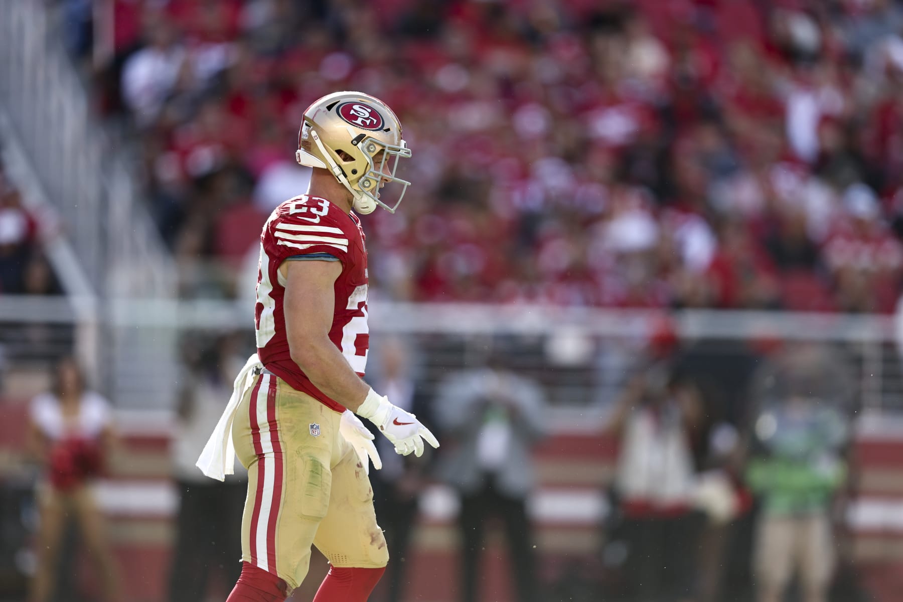SANTA CLARA, CALIFORNIA - OCTOBER 01: Christian McCaffrey #23 of the San Francisco 49ers looks on during an NFL football game between the San Francisco 49ers and the Arizona Cardinals at Levi's Stadium on October 01, 2023 in Santa Clara, California. (Photo by Michael Owens/Getty Images)