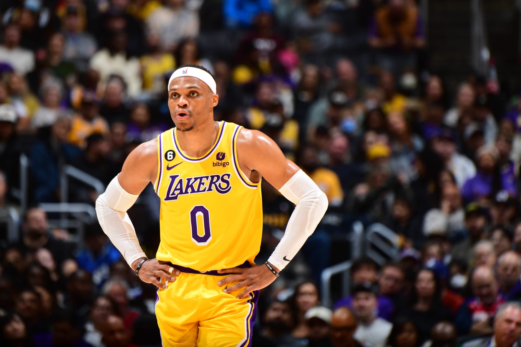 LOS ANGELES, CA - NOVEMBER 28: Russell Westbrook #0 of the Los Angeles Lakers stands on the court during the game against the Indiana Pacers on November 28, 2022 at Crypto.Com Arena in Los Angeles, California. NOTE TO USER: User expressly acknowledges and agrees that, by downloading and/or using this Photograph, user is consenting to the terms and conditions of the Getty Images License Agreement. Mandatory Copyright Notice: Copyright 2022 NBAE (Photo by Adam Pantozzi/NBAE via Getty Images)