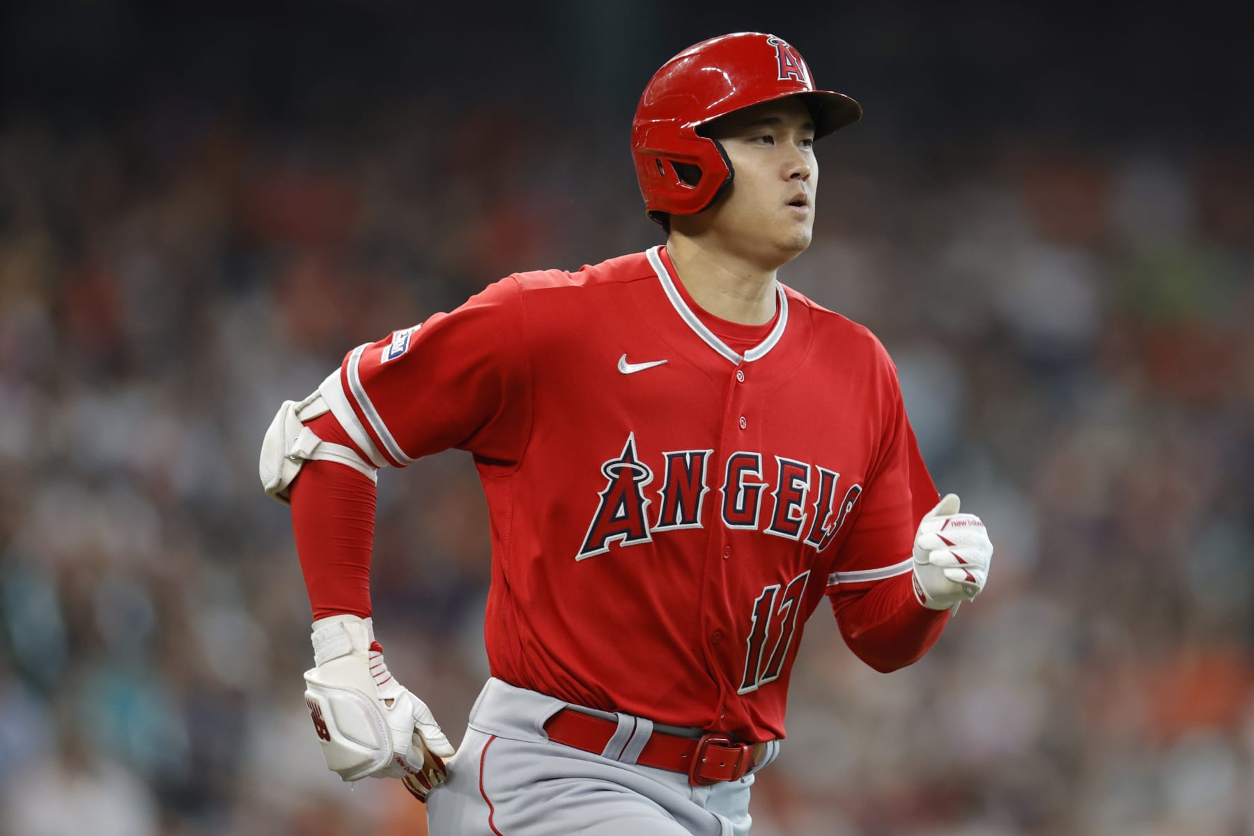 HOUSTON, TEXAS - JUNE 04: Shohei Ohtani #17 of the Los Angeles Angels grounds out during the fourth inning against the Houston Astros at Minute Maid Park on June 04, 2023 in Houston, Texas. (Photo by Carmen Mandato/Getty Images)
