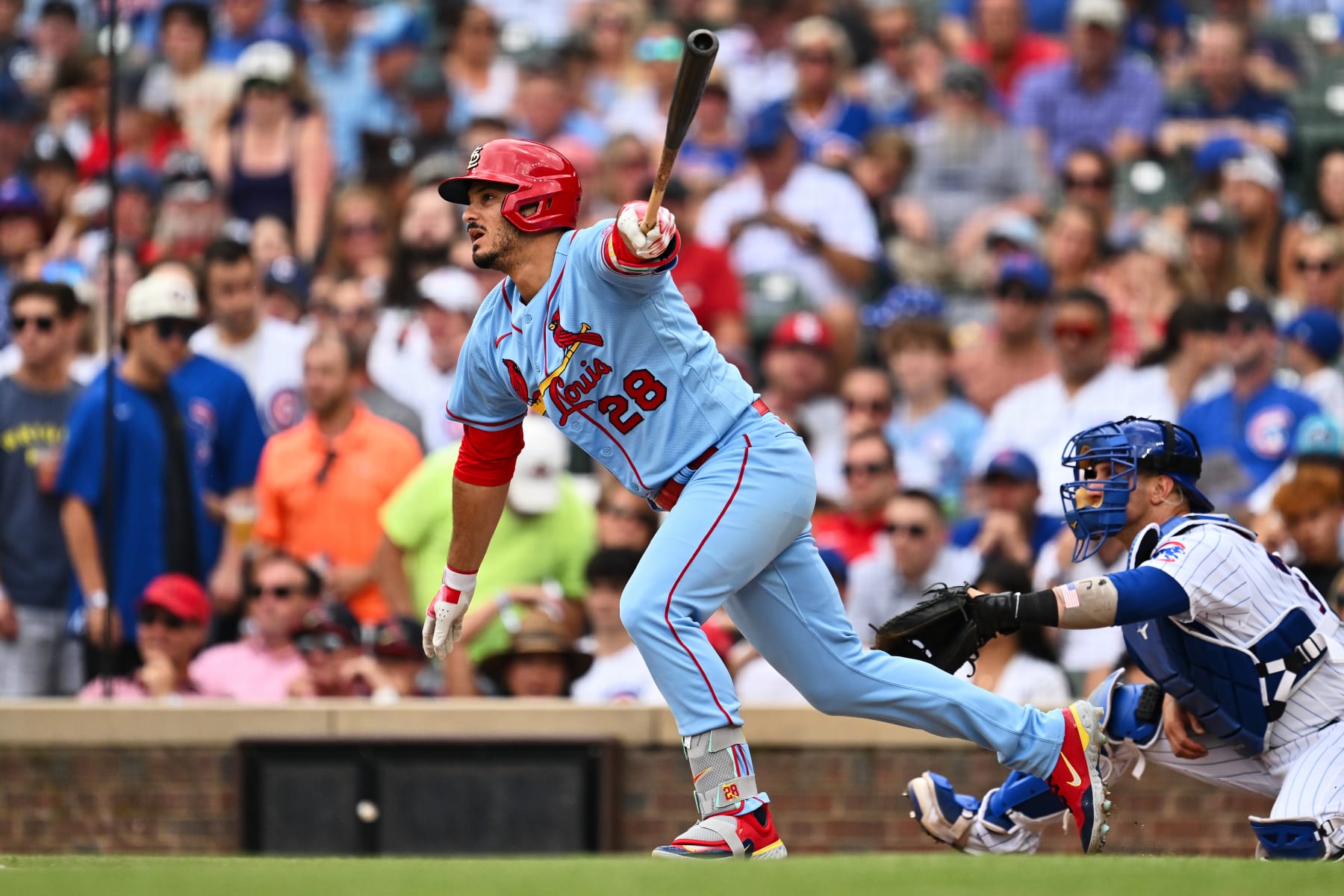 CHICAGO, IL - JULY 22:  Nolan Arenado #28 of the St. Louis Cardinals bats against the Chicago Cubs at Wrigley Field on July 22, 2023 in Chicago, Illinois.  (Photo by Jamie Sabau/Getty Images)