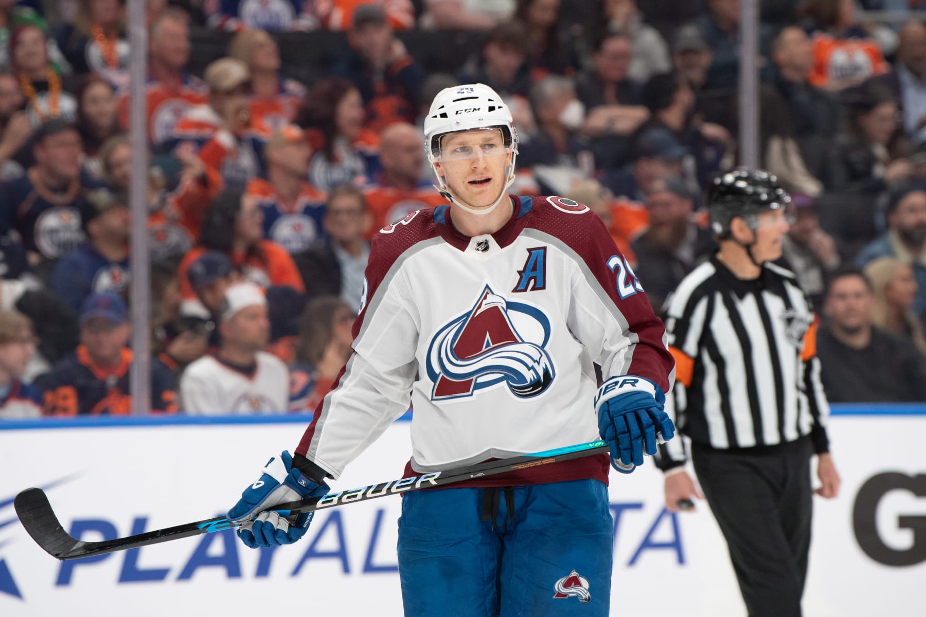 EDMONTON, CANADA - MARCH 16: Nathan MacKinnon #29 of the Colorado Avalanche prepares to take a face-off during the game against the Edmonton Oilers at Rogers Place on March 16, 2024, in Edmonton, Alberta, Canada. (Photo by Andy Devlin/NHLI via Getty Images)