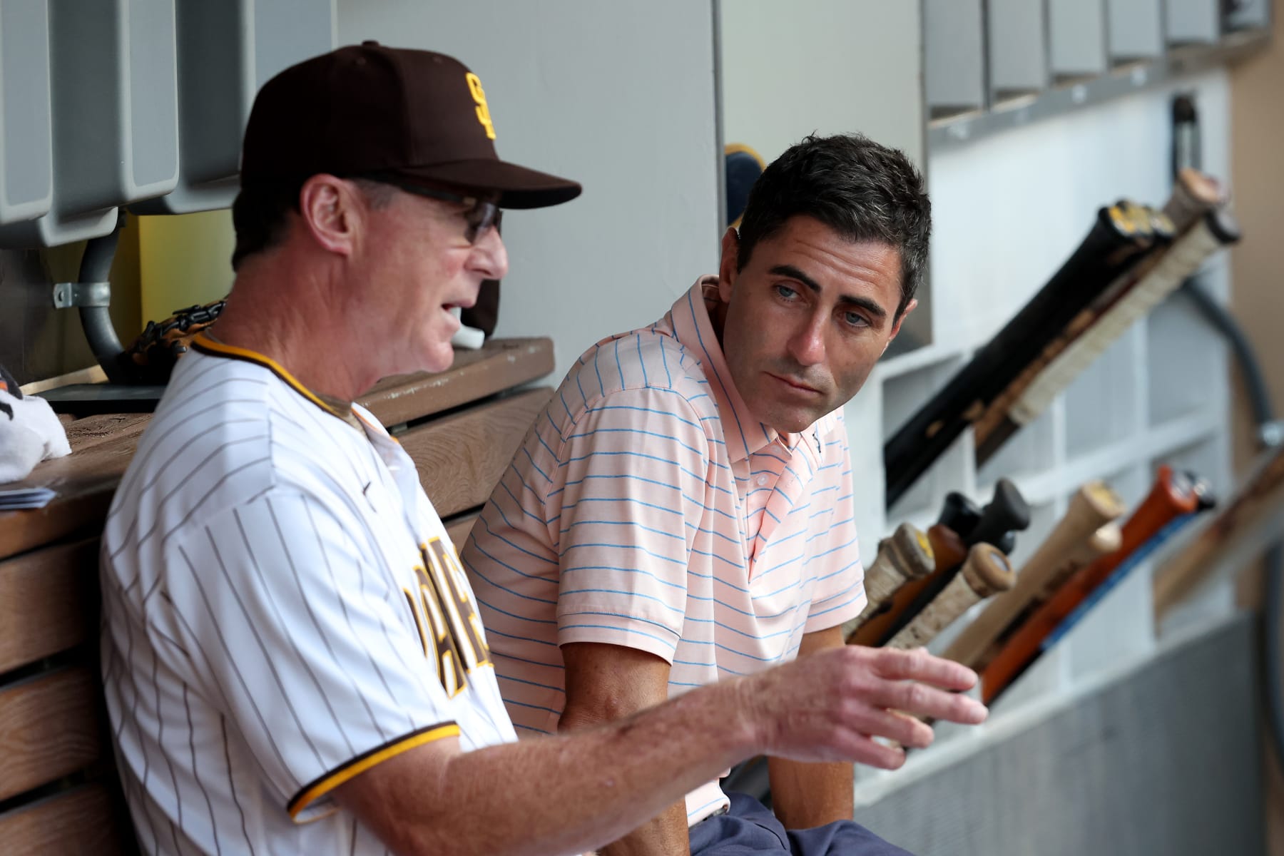 SAN DIEGO, CALIFORNIA - SEPTEMBER 06: Manager Bob Melvin talks with General Manager A.J. Preller prior to a game between the San Diego Padres and the Arizona Diamondbacks at PETCO Park on September 06, 2022 in San Diego, California. (Photo by Sean M. Haffey/Getty Images)