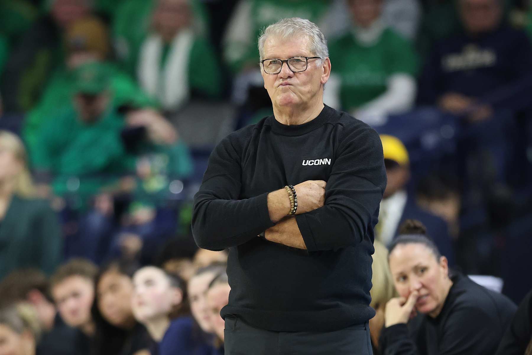 SOUTH BEND, INDIANA - DECEMBER 12: Head coach Geno Auriemma of the UConn Huskies reacts against the Notre Dame Fighting Irish during the second half at Purcell Pavilion at the Joyce Center on December 12, 2024 in South Bend, Indiana. (Photo by Michael Reaves/Getty Images)