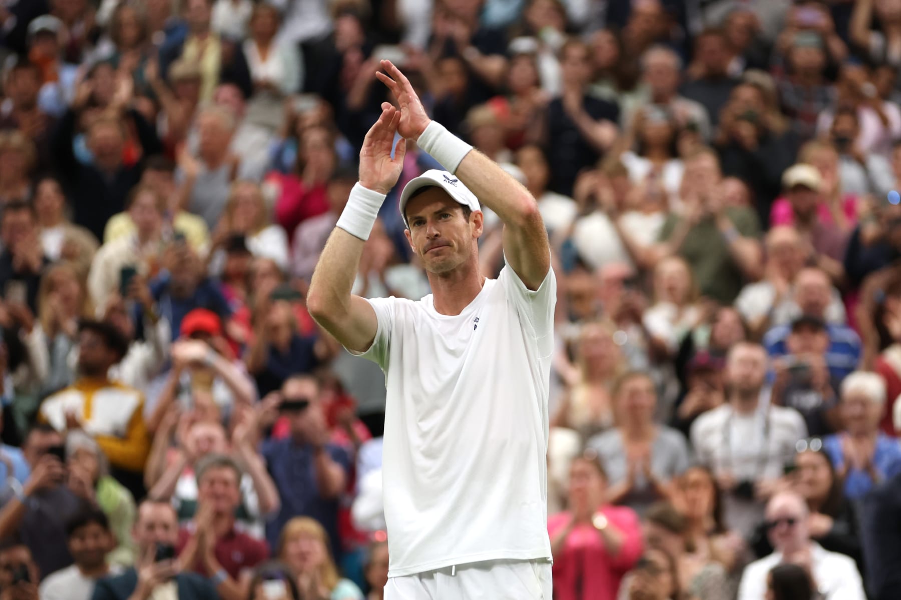 LONDON, ENGLAND - JULY 04: Andy Murray of Great Britain acknowledges the crowd after victory against Ryan Peniston of Great Britain in the Men's Singles first round match during day two of The Championships Wimbledon 2023 at All England Lawn Tennis and Croquet Club on July 04, 2023 in London, England. (Photo by Clive Brunskill/Getty Images)