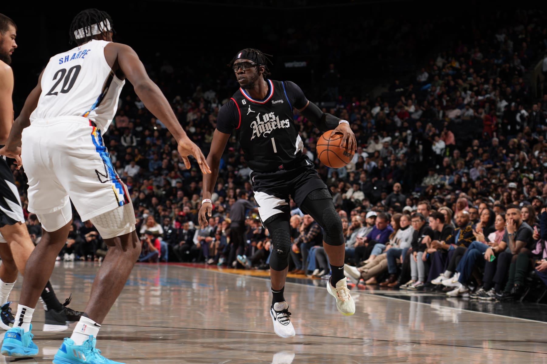 BROOKLYN, NY - FEBRUARY 6: Reggie Jackson #1 of the LA Clippers dribbles the ball during the game against the Brooklyn Nets on February 6, 2023 at Barclays Center in Brooklyn, New York. NOTE TO USER: User expressly acknowledges and agrees that, by downloading and or using this Photograph, user is consenting to the terms and conditions of the Getty Images License Agreement. Mandatory Copyright Notice: Copyright 2023 NBAE (Photo by Jesse D. Garrabrant/NBAE via Getty Images)