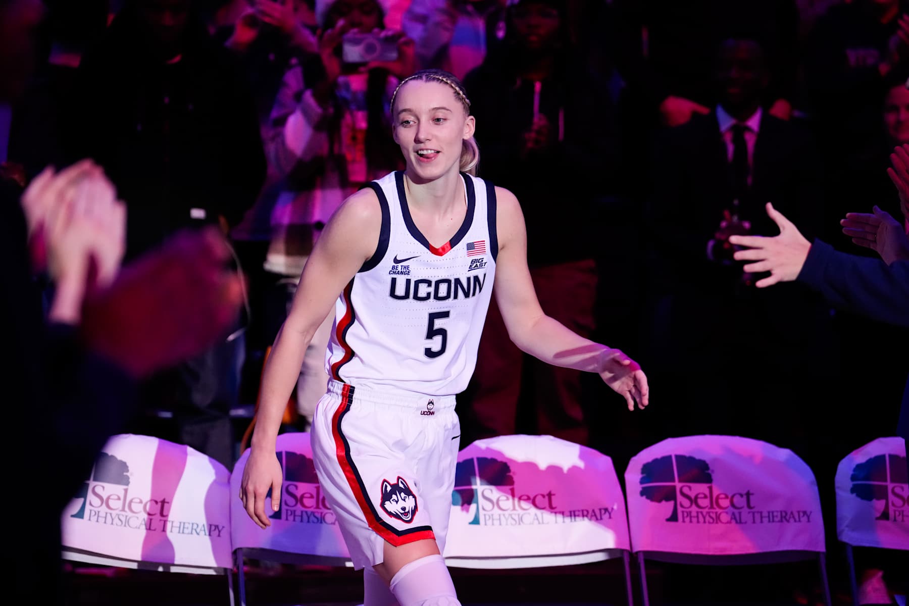 STORRS, CONNECTICUT - NOVEMBER 10: Paige Bueckers #5 of the Connecticut Huskies is introduced before an NCAA women's basketball game at the Harry A. Gampel Pavilion on November 10, 2024 in Storrs, Connecticut. (Photo by Joe Buglewicz/Getty Images)