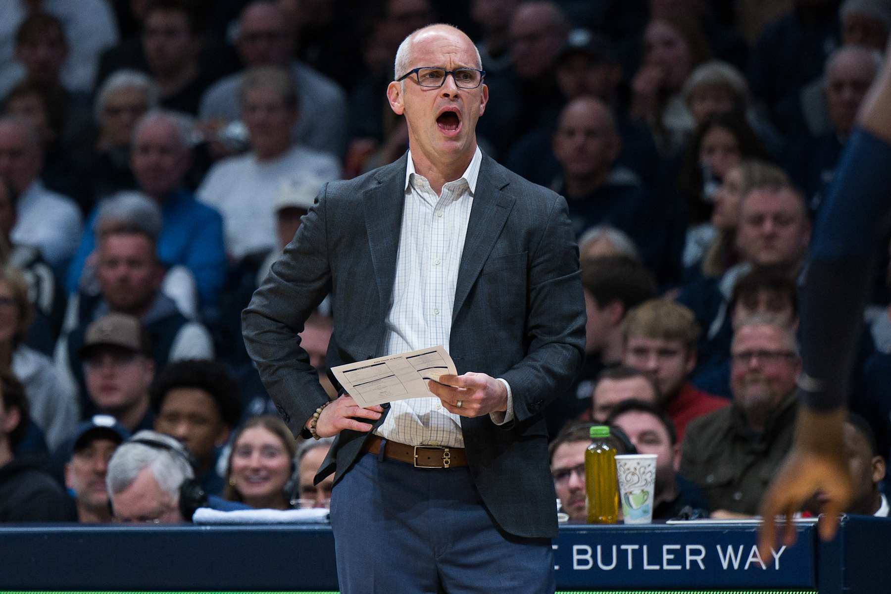 INDIANAPOLIS, IN - DECEMBER 21: UConn Huskies head coach Dan Hurley on the sidelines during the men's college basketball game between the Butler Bulldogs and UConn Huskies on December 21, 2024, at Hinkle Fieldhouse in Indianapolis, IN. (Photo by Zach Bolinger/Icon Sportswire via Getty Images)