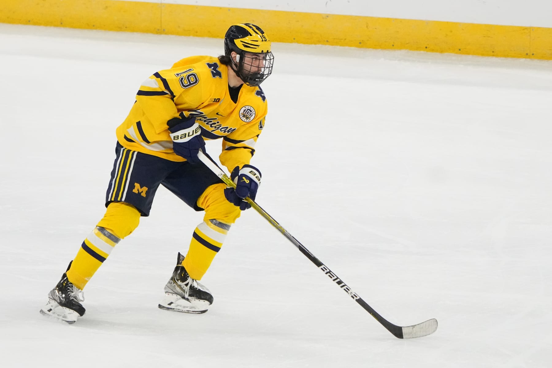 ALLENTOWN, PA - MARCH 26: Michigan Wolverines Forward Adam Fantilli (19) skates with the puck during the first period of the 2023 NCAA Division I Mens Ice Hockey Regional Final between the Penn State Nittany Lions and the Michigan Wolverines on March 26, 2023, at the PPL Center in Allentown, PA. (Photo by Gregory Fisher/Icon Sportswire via Getty Images)