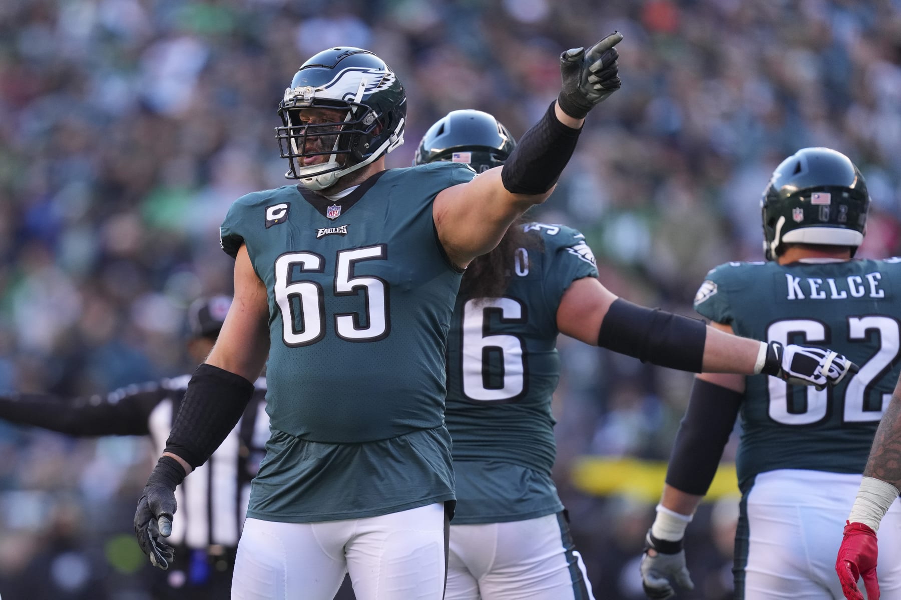 PHILADELPHIA, PA - DECEMBER 04: Lane Johnson #65 of the Philadelphia Eagles reacts against the Tennessee Titans at Lincoln Financial Field on December 4, 2022 in Philadelphia, Pennsylvania. (Photo by Mitchell Leff/Getty Images)