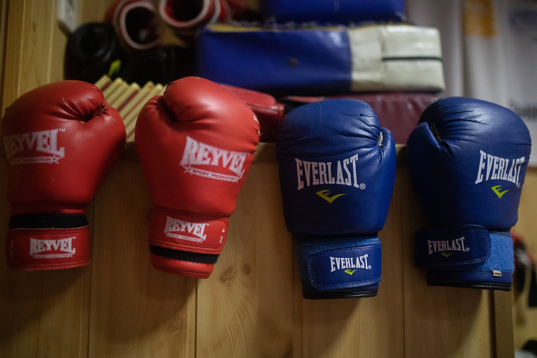 KHERSON, UKRAINE - MARCH 03: Boxing gloves of 12-year-old Kasprivskiy Maxim, the only karate kid who stays in the city from the first days of war, are seen during his training process in Kherson, Ukraine on March 03, 2023. Karateist Maxim continues his training in a shelter at just 100 meters from the river located in frontline of Kherson. Last week, he took part in competition in Kyokushin karate in Poltava and took 1st place. Now he is preparing to Cup of Ukraine. Kasprivskiy Oleksandr, his father is the coach. (Photo by Gian Marco Benedetto/Anadolu Agency via Getty Images)