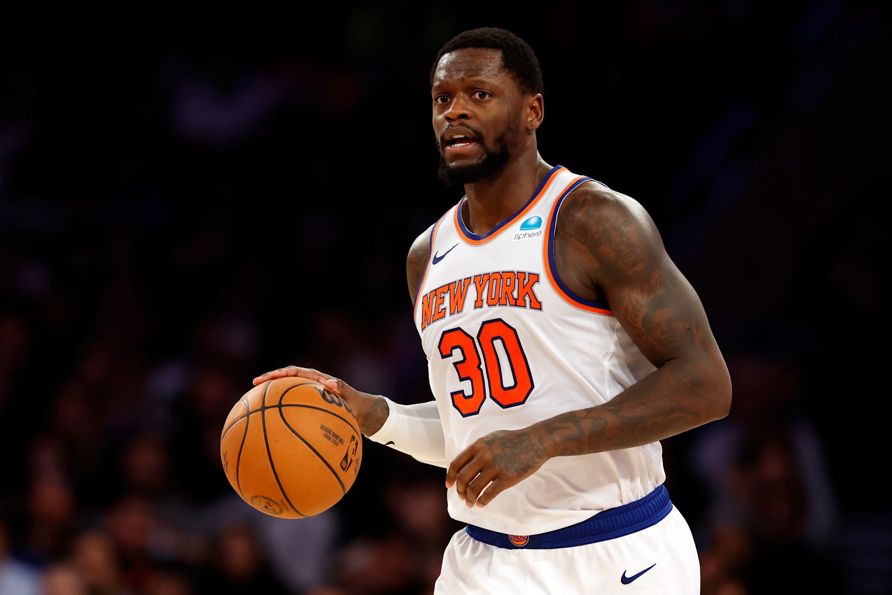 NEW YORK, NEW YORK - JANUARY 09: Julius Randle #30 of the New York Knicks dribbles during the second half against the Portland Trail Blazers at Madison Square Garden on January 09, 2024 in New York City. The Knicks won 112-84. NOTE TO USER: User expressly acknowledges and agrees that, by downloading and/or using this Photograph, user is consenting to the terms and conditions of the Getty Images License Agreement. (Photo by Sarah Stier/Getty Images)