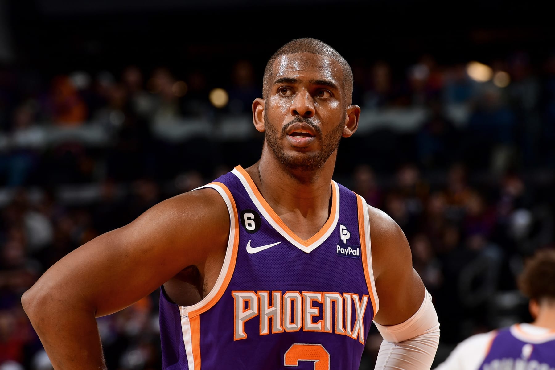 PHOENIX, AZ - JANUARY 30:  Chris Paul #3 of the Phoenix Suns looks on during the game against the Toronto Raptors on January 30, 2023 at Footprint Center in Phoenix, Arizona. NOTE TO USER: User expressly acknowledges and agrees that, by downloading and or using this photograph, user is consenting to the terms and conditions of the Getty Images License Agreement. Mandatory Copyright Notice: Copyright 2023 NBAE (Photo by Kate Frese/NBAE via Getty Images)