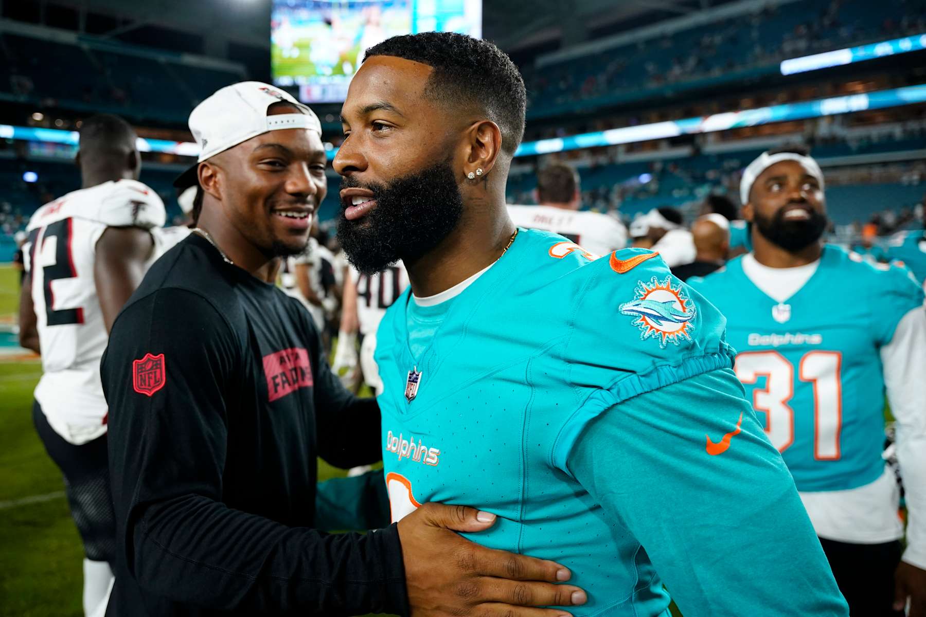 MIAMI GARDENS, FLORIDA - AUGUST 09: Odell Beckham Jr. #3 of the Miami Dolphins looks on at the end of a preseason game against the Atlanta Falcons at Hard Rock Stadium on August 09, 2024 in Miami Gardens, Florida. (Photo by Rich Storry/Getty Images)