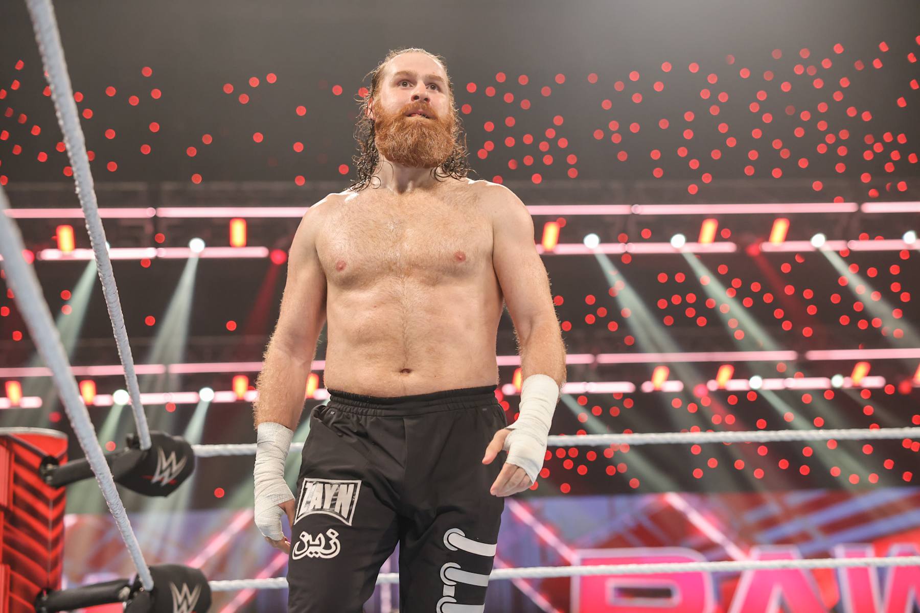 DAYTON, OHIO - JULY 15: Sami Zayn in ring during Monday Night RAW at WSU Nutter Center on July 15, 2024 in Dayton, Ohio.  (Photo by WWE/Getty Images)